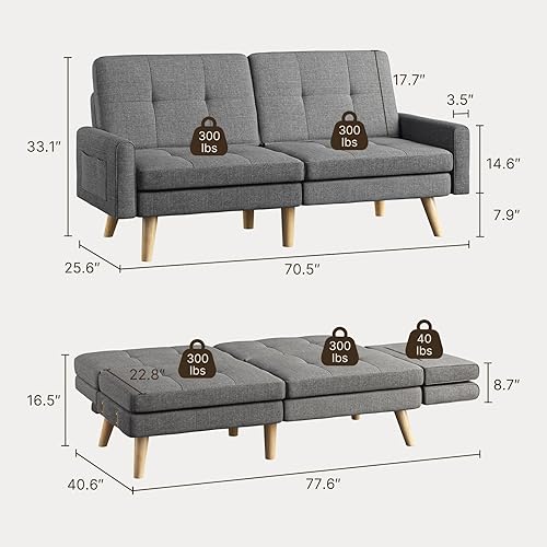 Miniatura 3 de Gizoon Sofá cama futón, sofá futón de 70.9 pulgadas con respaldo ajustable, reposabrazos extraíbles para longitud extendida, sofá biplaza moderno de