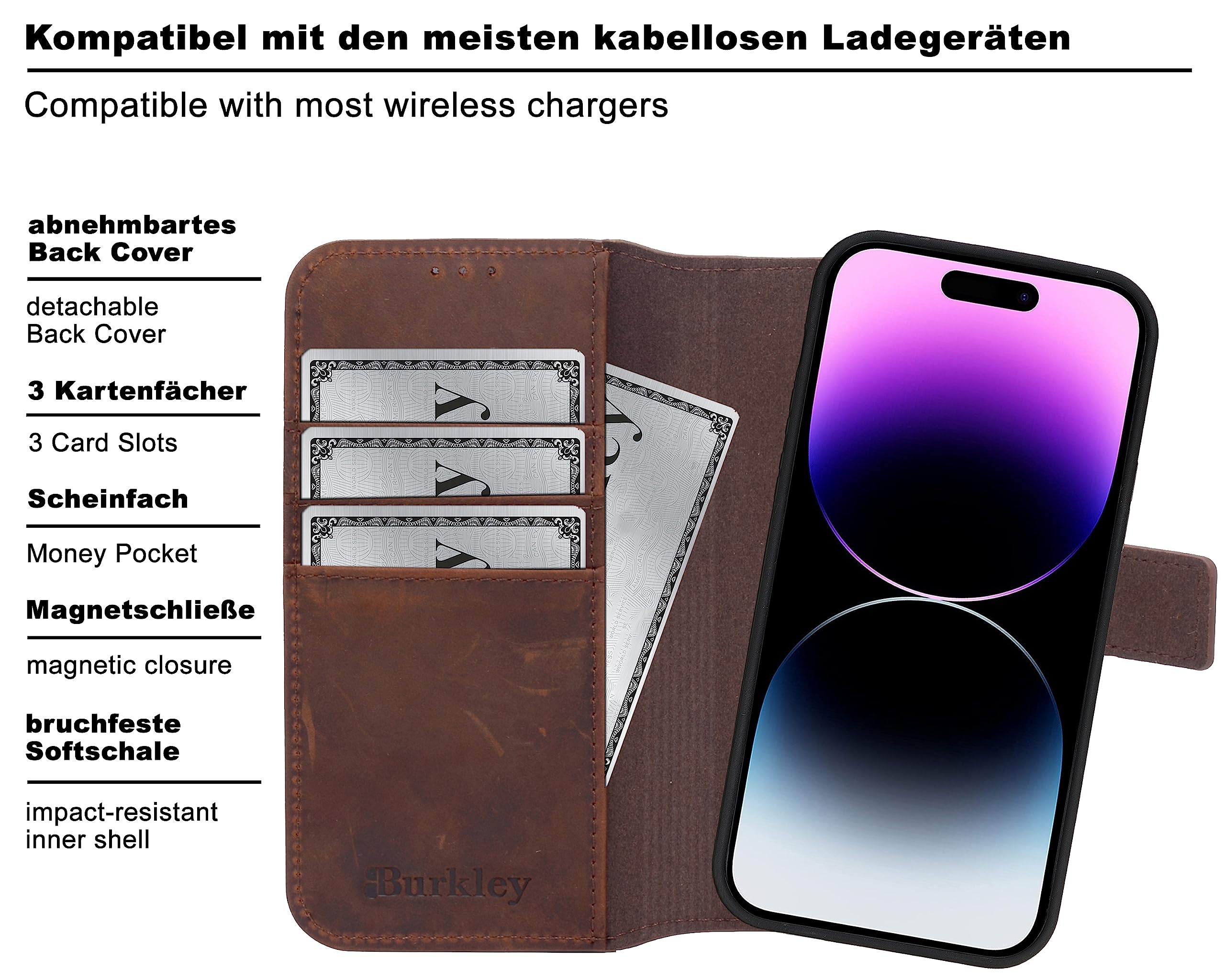 Burkley 2in1 Leder Handytasche für iPhone 14 Handyhülle mit herausnehmbarem Back Cover, 360° Schutz (Antik Coffee)