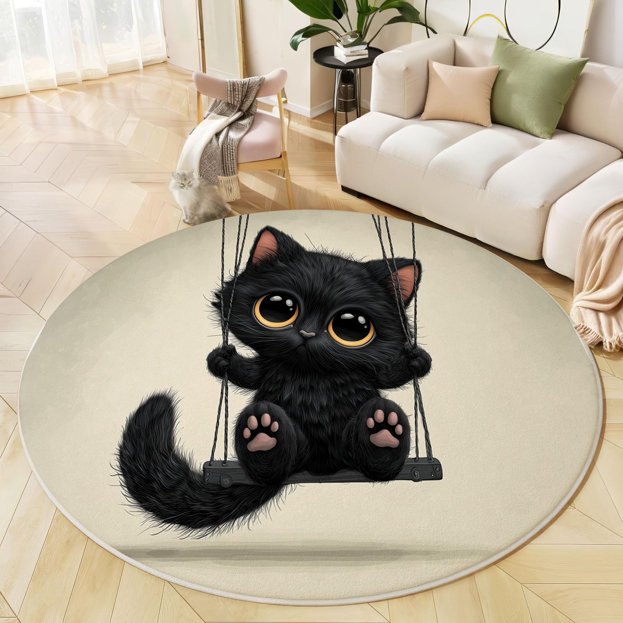 Tapis rond de chat noir moquette crème fine antidérapante de 100cm
