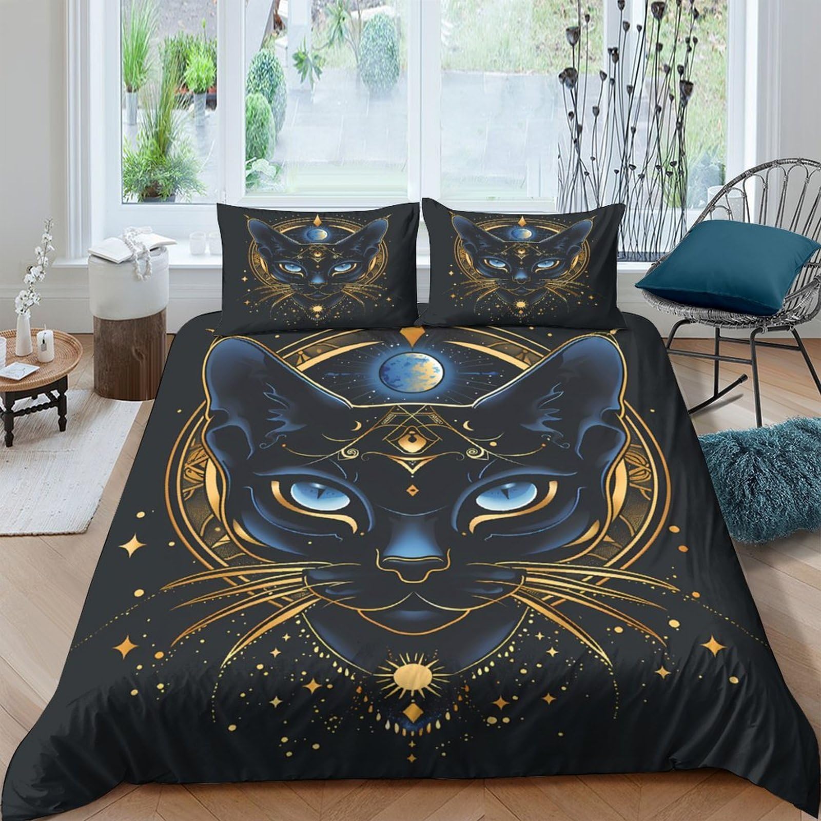 Ctjqhvkz Style-10 3D Printed Mystical Black Cat Fitted Sheet Microfiber Soft Bedroom Decor Gold Geometric Moon Mattress Cover Single（135X200cm）