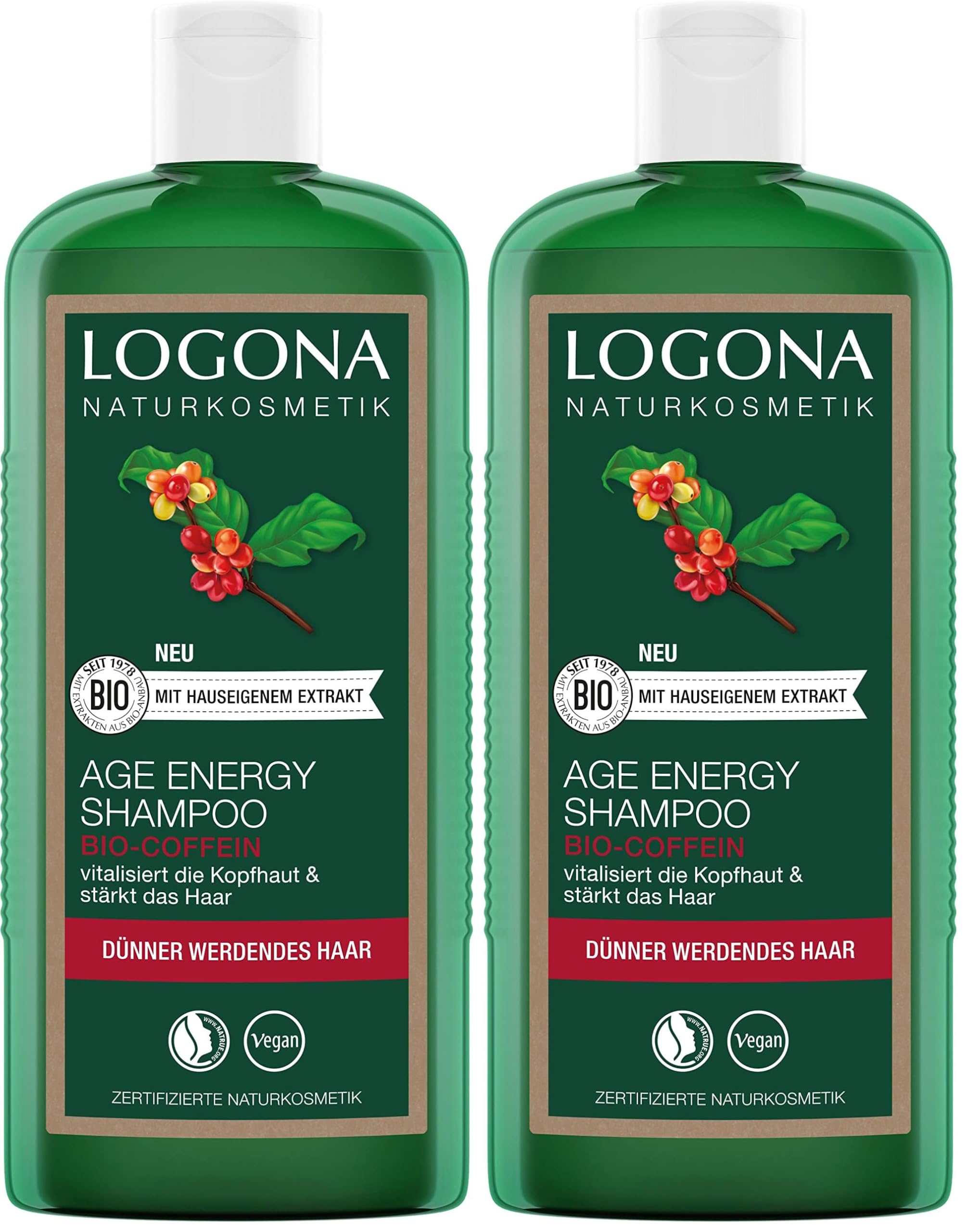 LOGONA Naturkosmetik Vitalisierendes Shampoo für natürlich kräftiges Haar, Geeignet für energieloses, dünner werdendes Haar, Age Energy Haarshampoo mit veganer Formel aus Bio Coffein, 1 x 250 ml