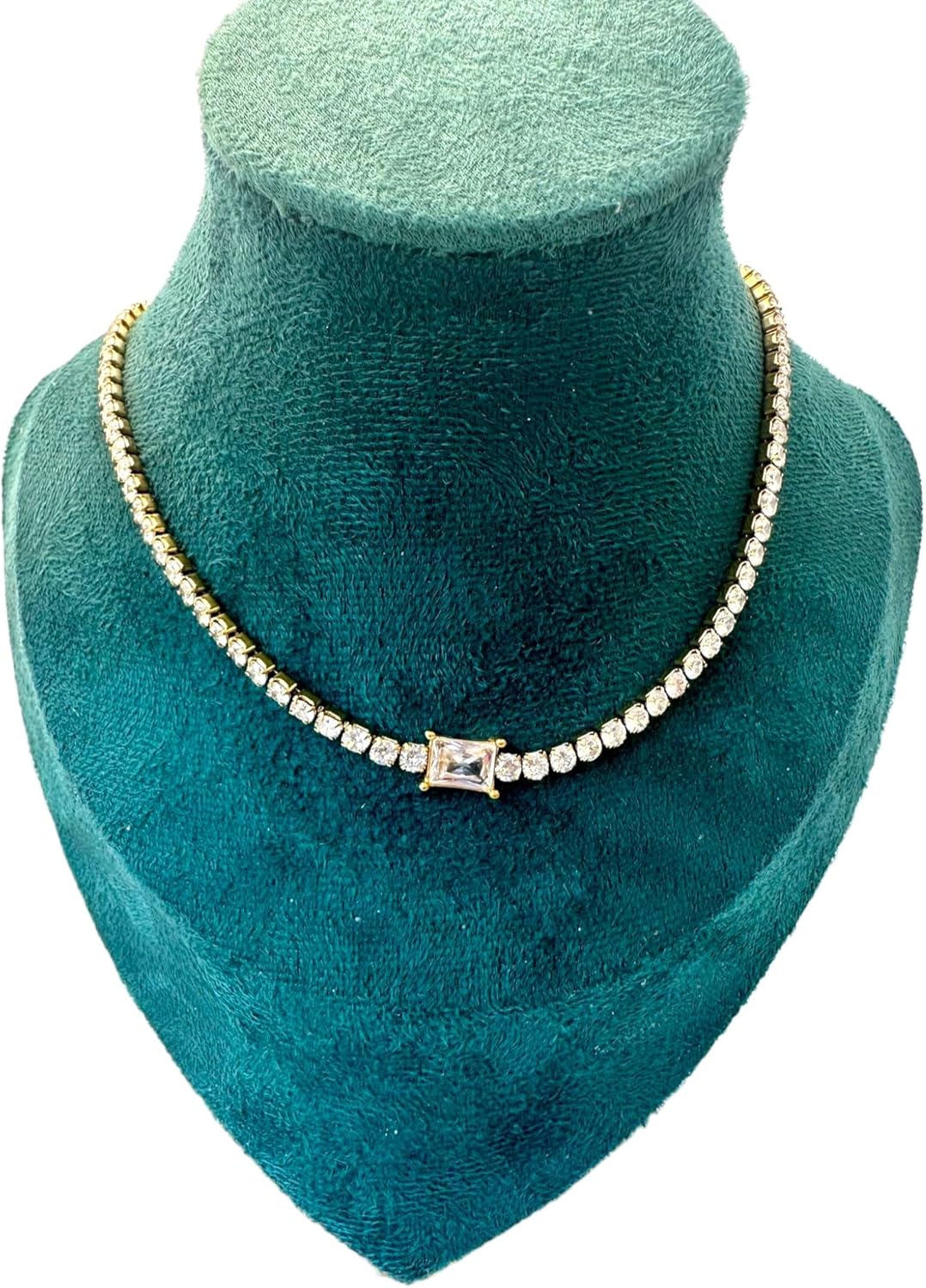 18K Yellow Gold-Plated Emerald-Cut Cubic Zirconia Diamond Tennis Chain Choker Necklace for Women, 16" – Non-Tarnish, Hypoallergenic, Gift Jewelry