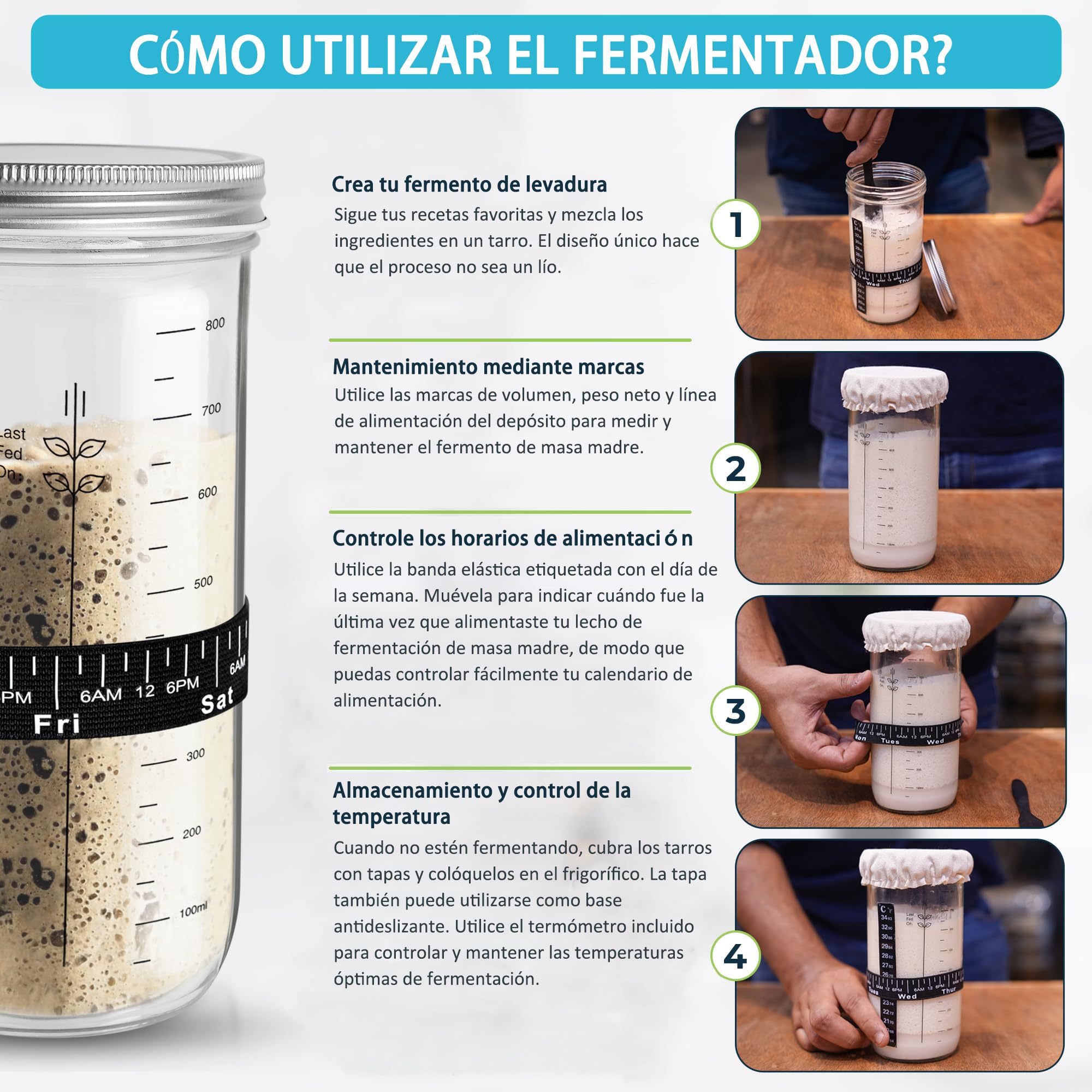 Sourdough Starter Kit 1000ml Tarro de Fermentación con Cuchillo de Panadero y Batidor de Masa Accesorios de Panadería