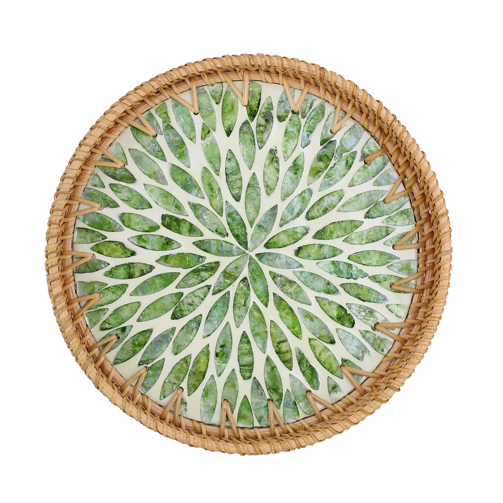 DLBTWDOYLS Natural Woven Rattan Round Storage Tray, Inlaid with Mother-of-Pearl, Handcrafted Tray Suitable for Snacks, Bread, Breakfast, etc., eco-Friendly Home and Tabletop Decoration