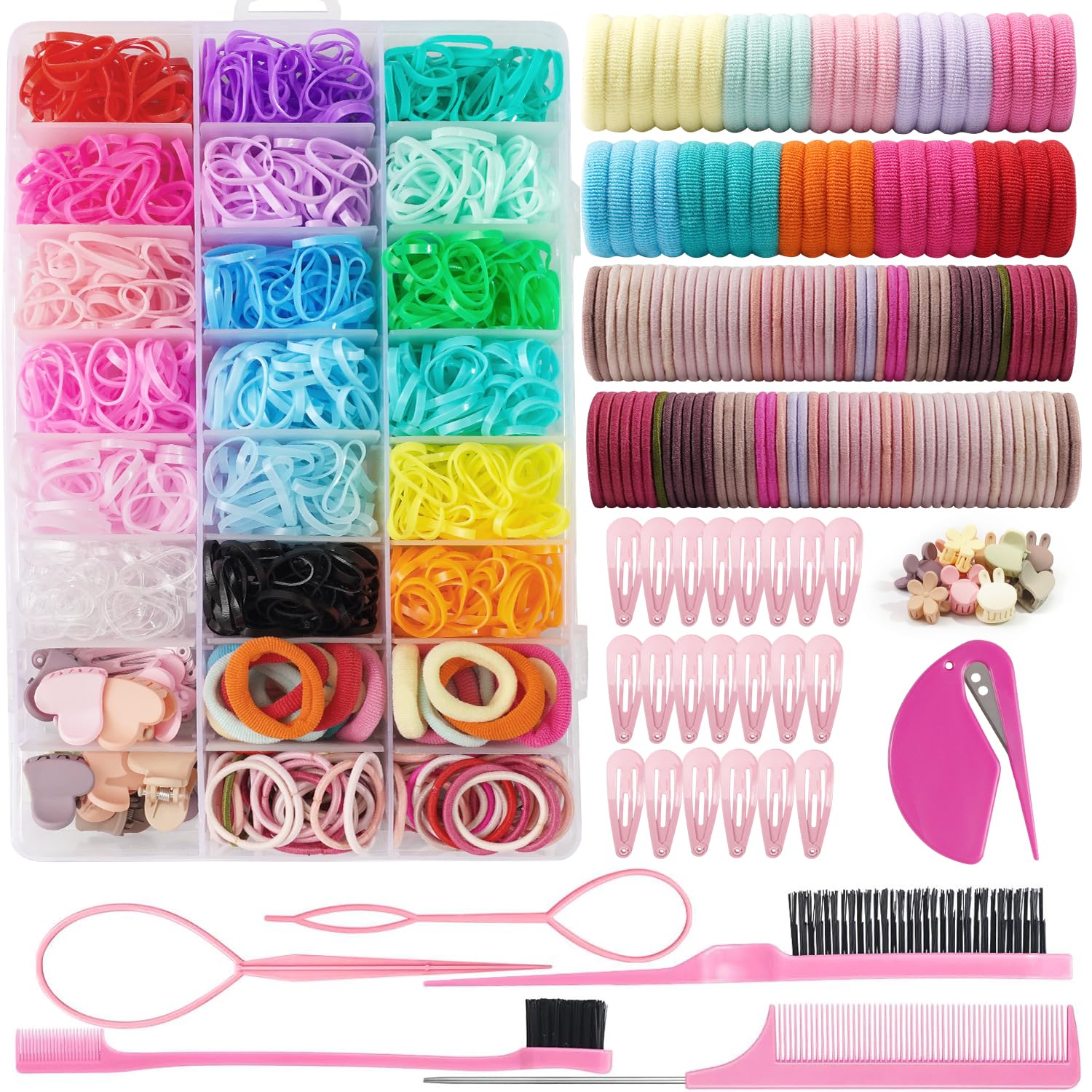 JOYOYO Set di accessori per capelli per bambini con scatola resistente, 1600 elastici per capelli per bambine, fermagli per capelli a scatto, piccoli fermagli per artigli, pettine a coda di spillo