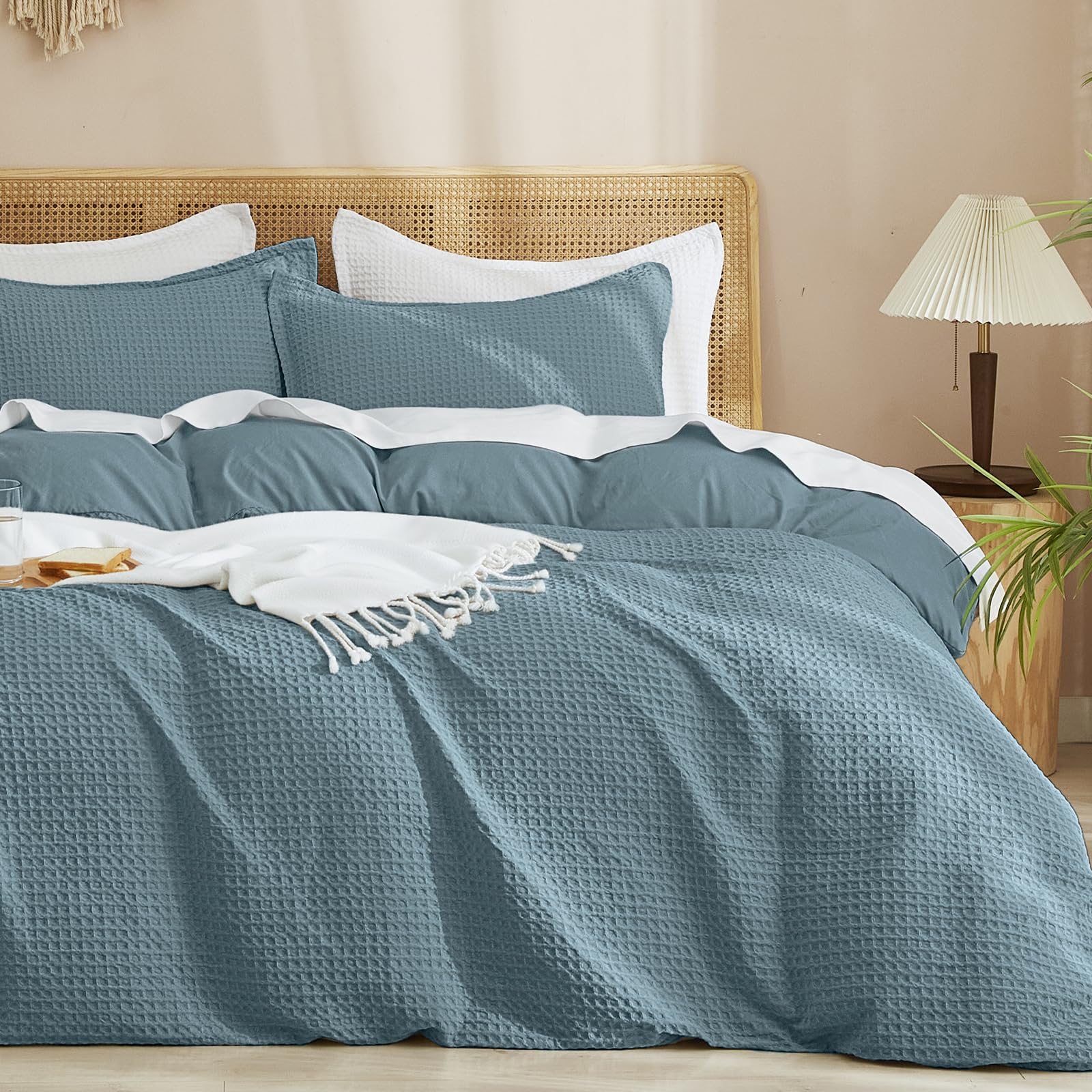 phf waffle duvet cover set king size, no snagging ultra soft luxury textured breathable comforter cover for all season 3pcs, durable bedding duvet set with 2 pillow shams, 104"x90", stormy blue
