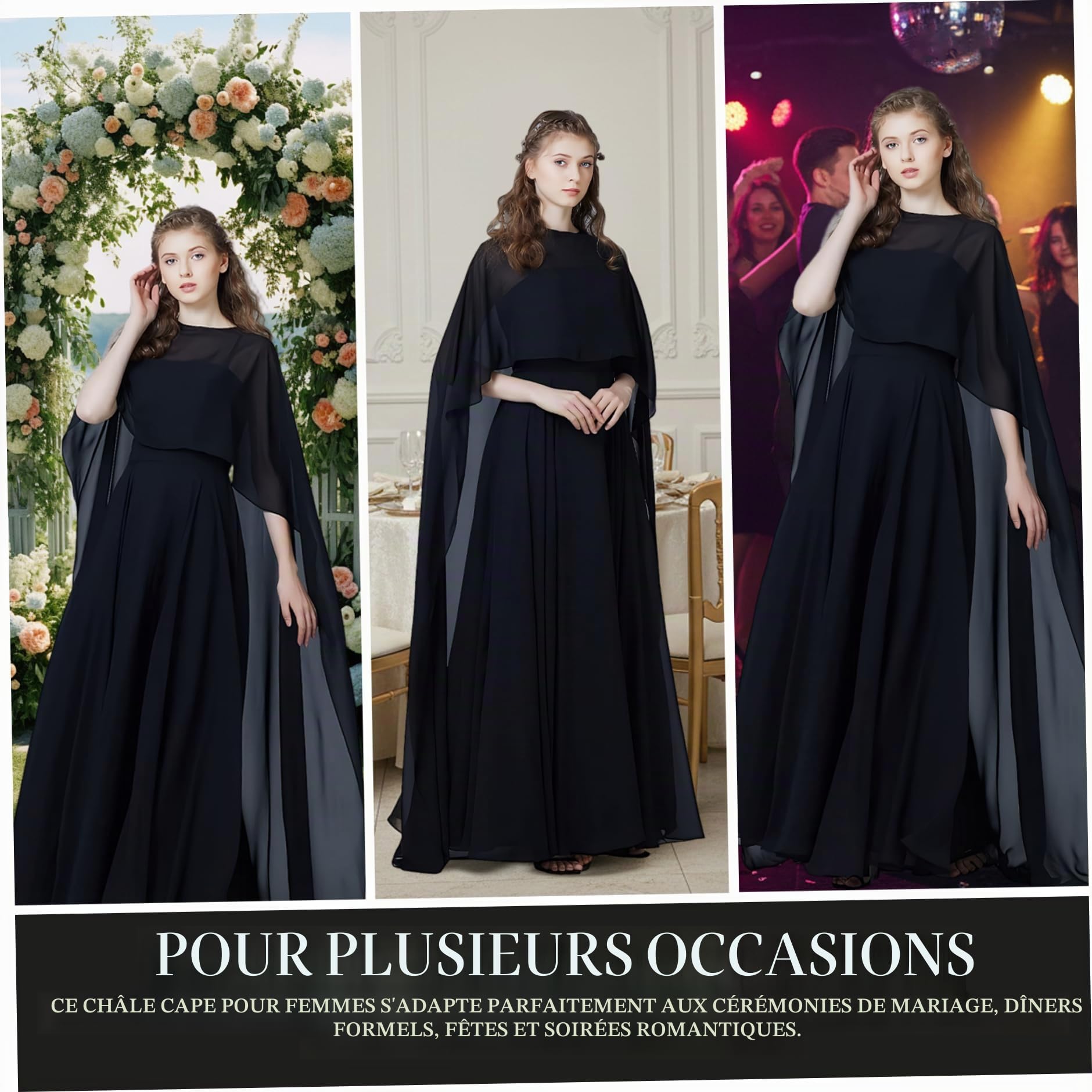 Cape en mousseline de soie pure pour femmes 59 pouces, châle de mariée élégant pour les mariages et les soirées, châle poncho