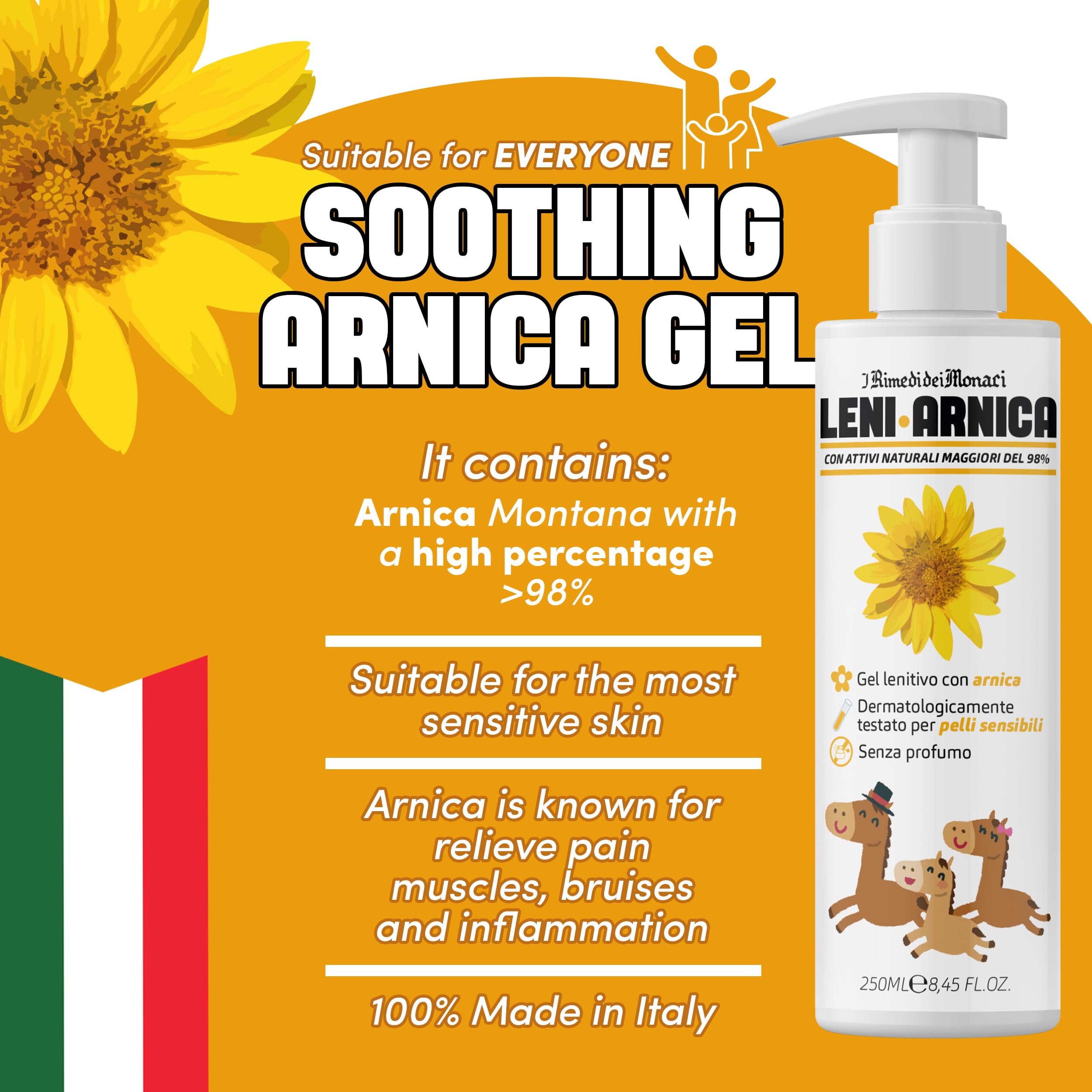 LeniArnica Gel Arnica Montana al 98% per Pelli Sensibili - Lenitivo, Ipoallergenico, Senza Profumo - Dermatologicamente Testato (250ml)
