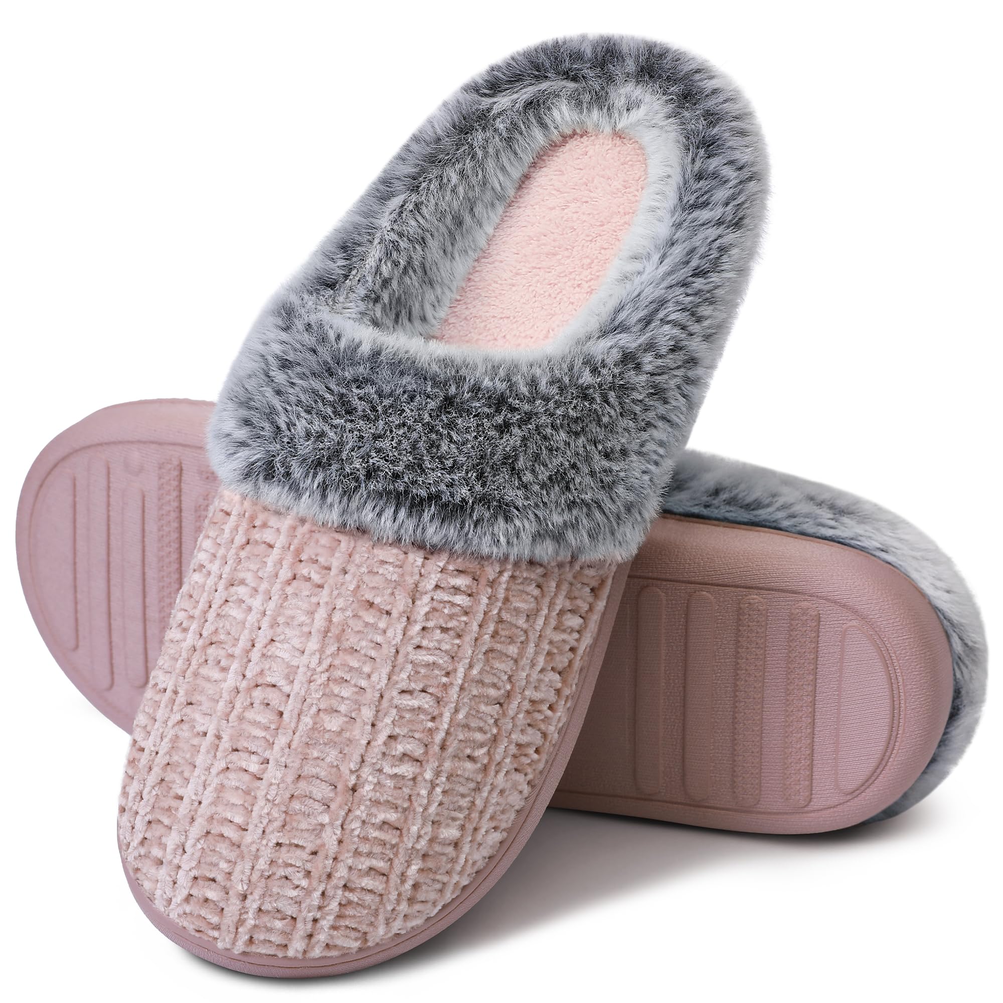 shoeslocker Womens Memory Foam Fuzzy Slippers Knit house shoe for Women Comfy Wool-Like Lined Slippers Indoor Outdoor