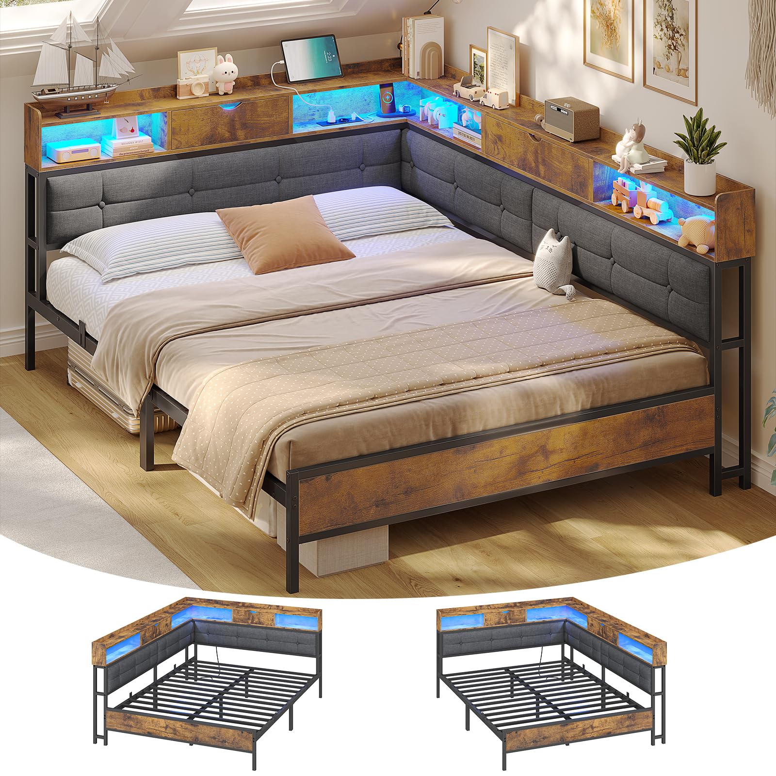 AOGLLATI Polsterbett Schlafsofa 140x200 mit 6 Staufächern Jugendbett 140x200 mit LED-Beleuchtung Tagesbett mit Steckdosen Gästebett Bettgestell mit Lattenrost aus Metall, Ohne Matratze (Grau)