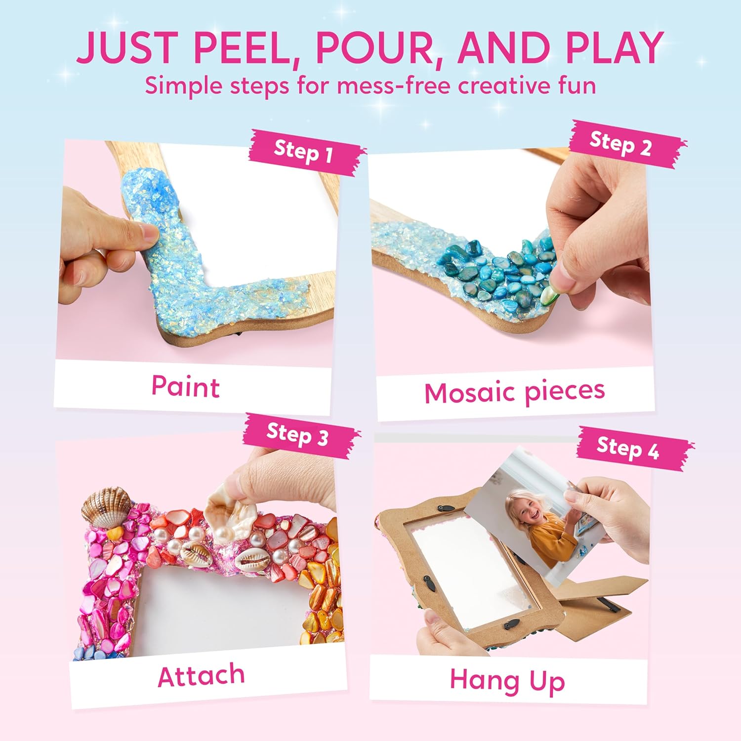 JOVA Klever Kits Mosaic Photo Frame Craft Kits, DIY Mosaic Kits for Kids 6 Years Old Girl Birthday Gift Summer Activities, Make Your Own Picture Frame Arts and Crafts for Kids