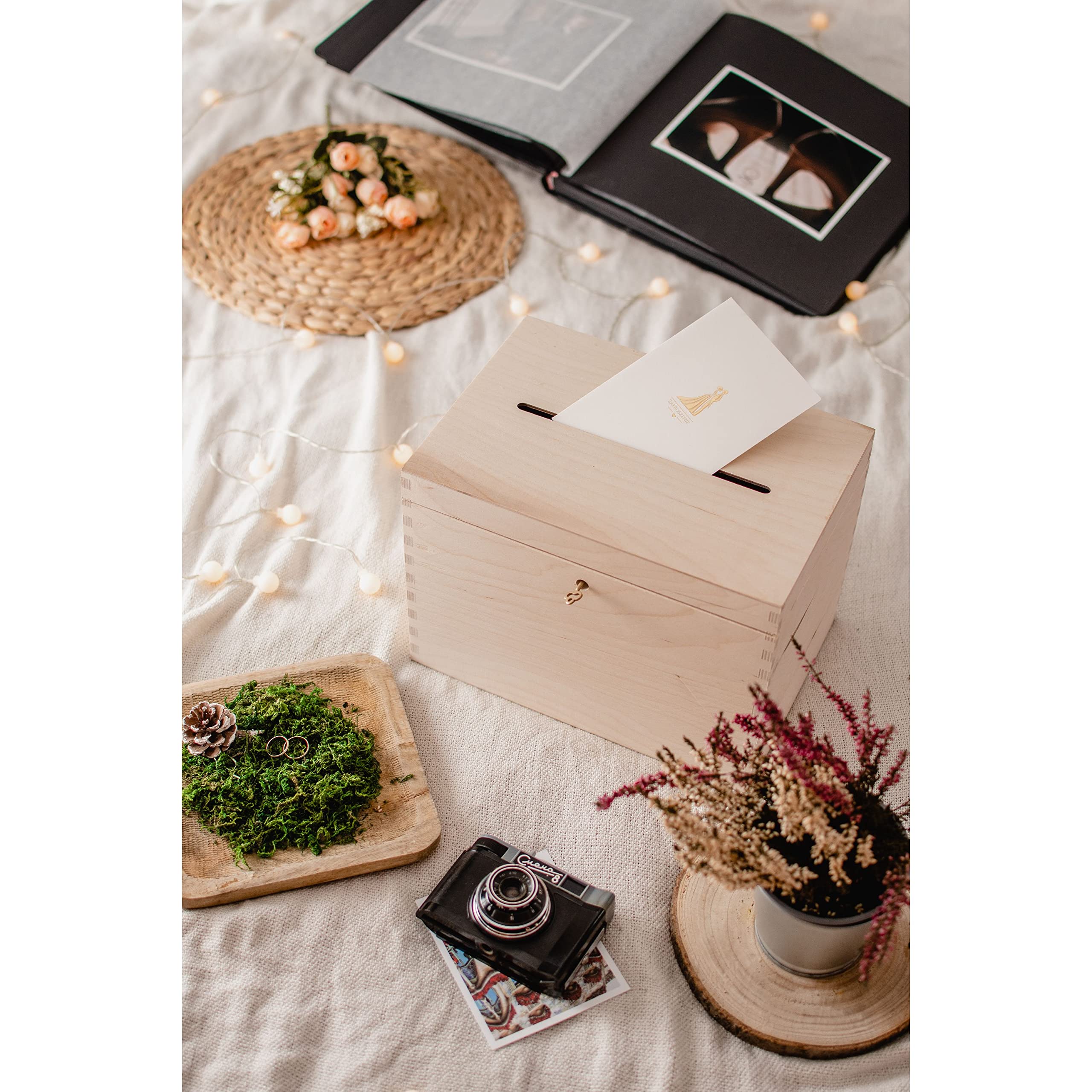 Caja de tarjetas de boda de madera sin terminar, decoración, organización, gran artesanía de madera natural, decoración rústica del hogar, recuerdo, pecho 29 x 25 x 15 cm.