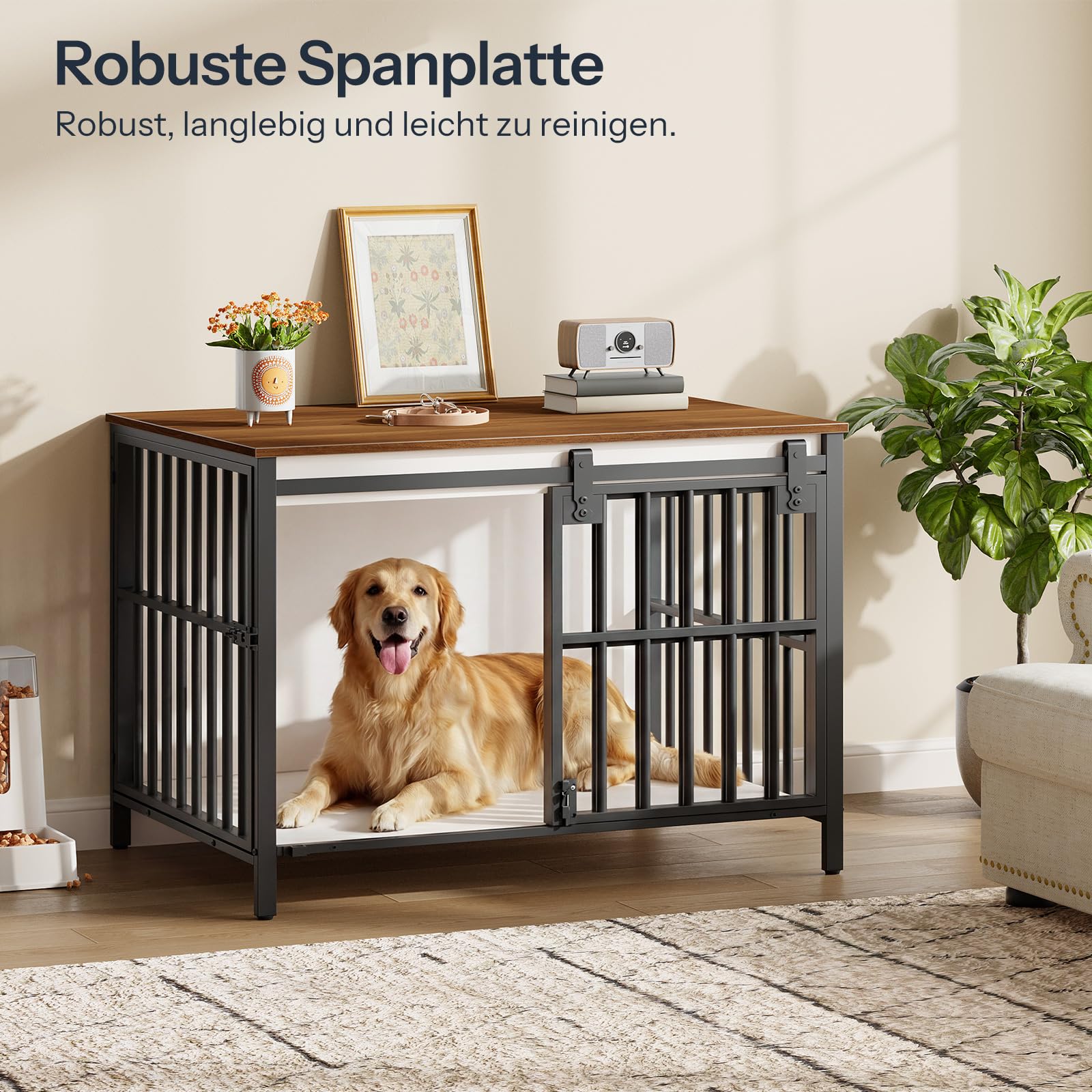 HOOBRO Hundekäfig Möbel, 100cm Hundebox für Zuhause, 2 Türen, Schiebetür, Moderne Hundebox Indoor für kleine bis mittelgroße Hunde, Hundekäfig Hochbelastbar, Weiß und Walnuss EBWH163GW03