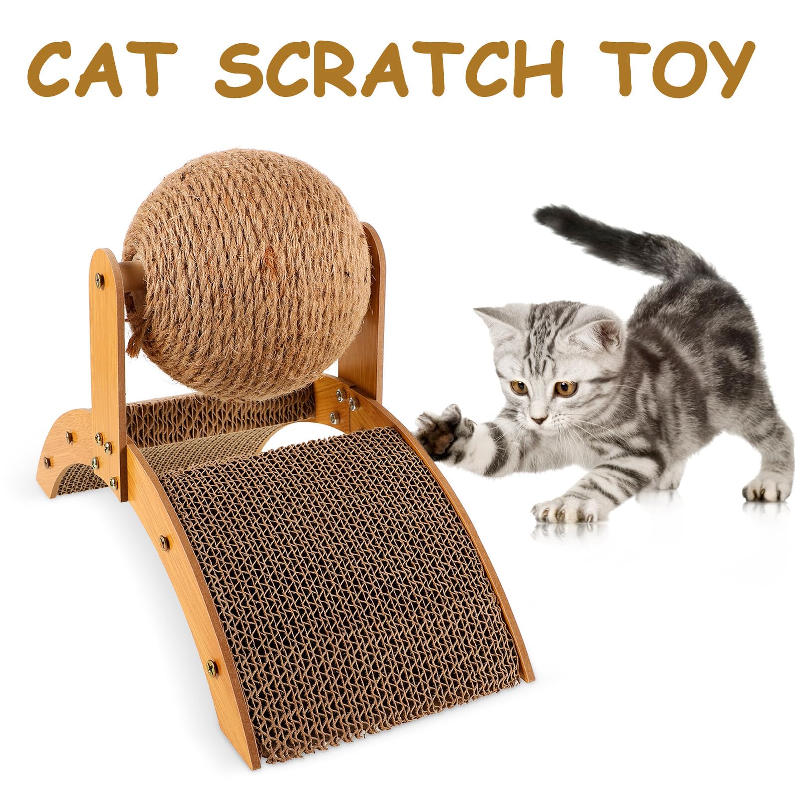 Palla Tiragraffi per Gatti in Legno Giallo Design Verticale Stabile per Gattini e Gatti Medi, Giocattolo Interattivo da Interno per Protezione Mobili e Divertimento