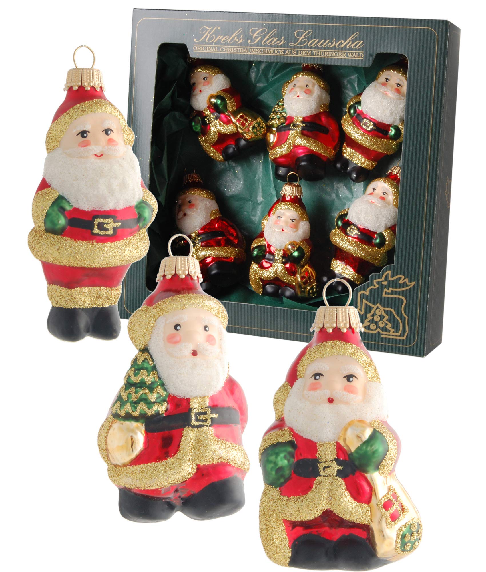 Krebs Glas Lauscha - Weihnachtsdekoration/Christbaumschmuck aus Glas - 6er Set Mini Weihnachtsmänner - Farbe: Rot, Gold - Größe: ca. 7-9 cm