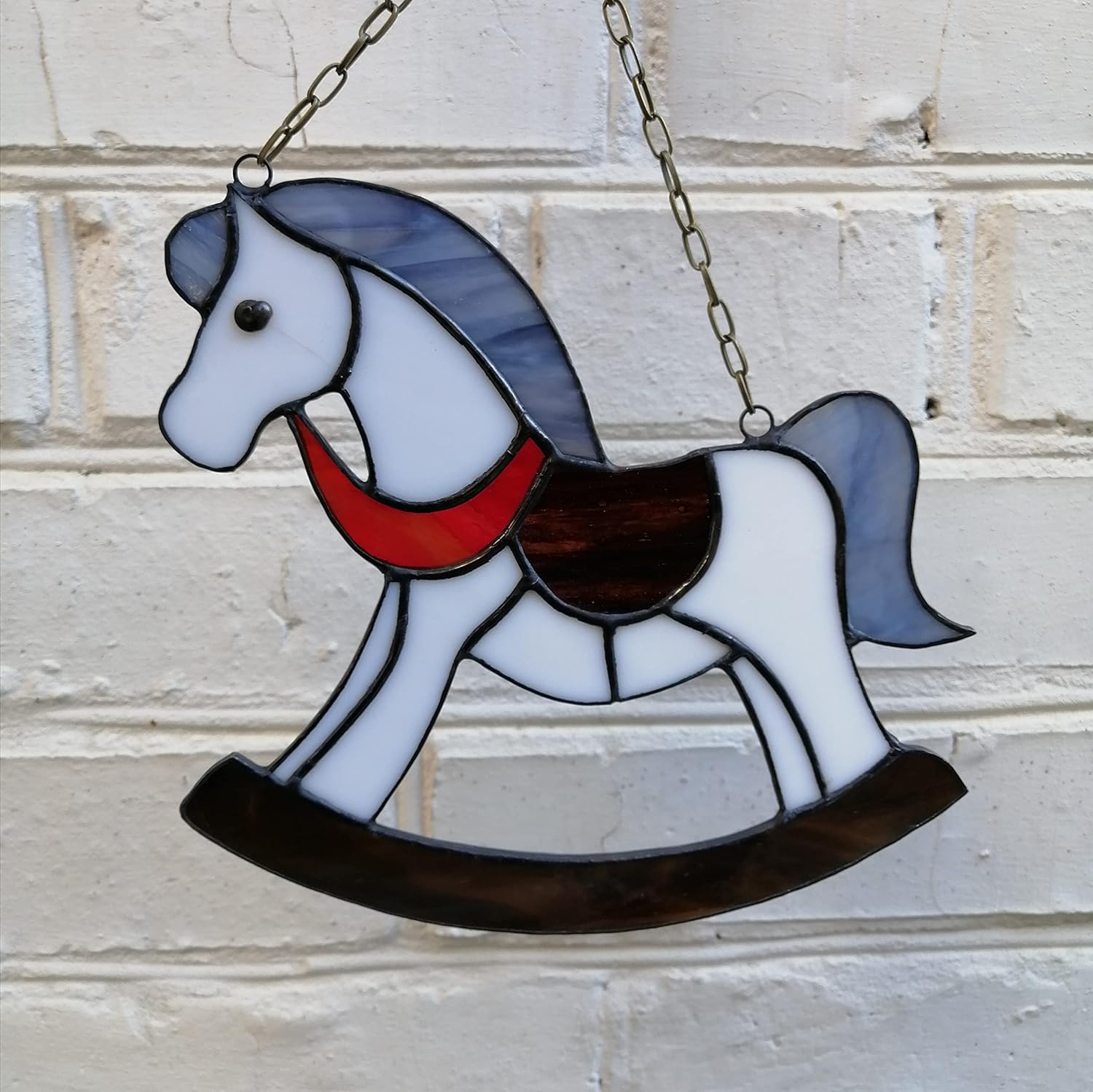 White Rocking Horse Stained Glass Suncatcher Window Hanging or Nursery Wall Decor, Christmas Ornament