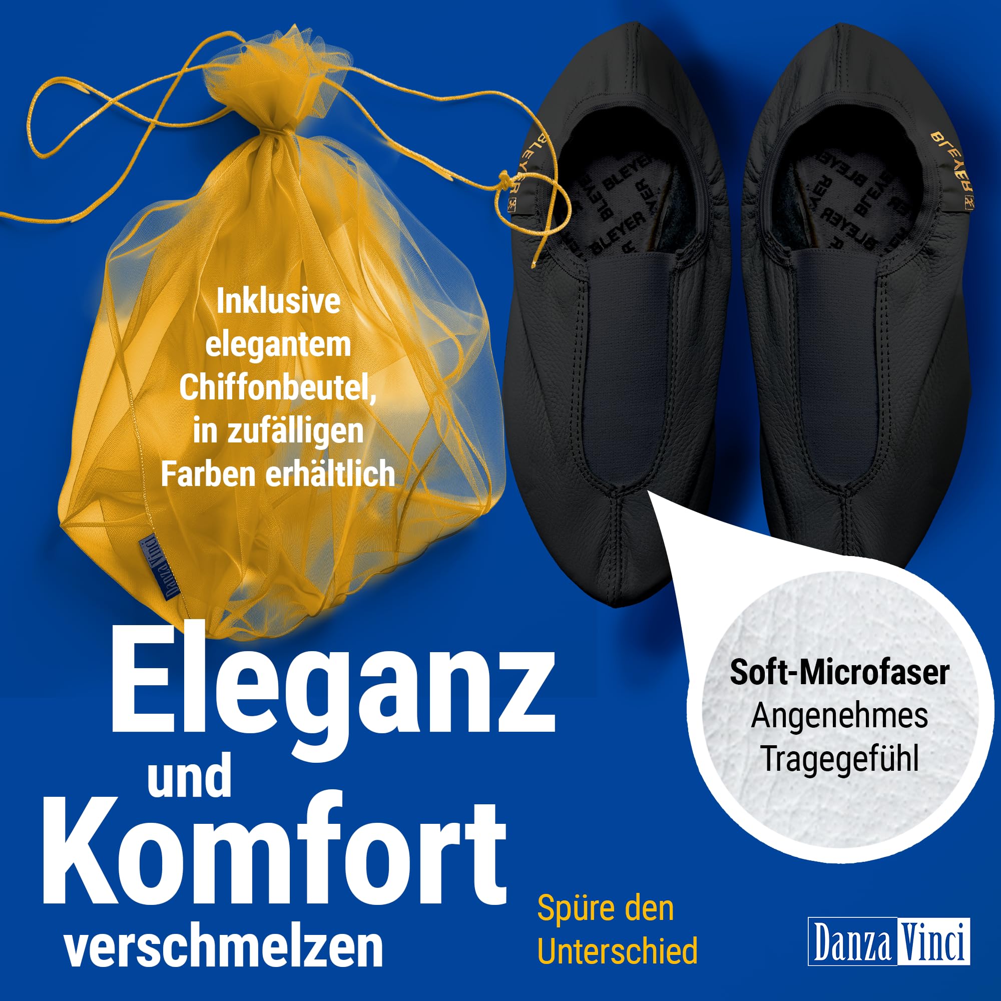 Bundle Bleyer Voltigierschuhe 3843 Volti-Profi mit Schuhbeutel, Gymnastikschuhe aus Soft-Microfaser für Kinder und Erwachsene, Schläppchen rutschfest