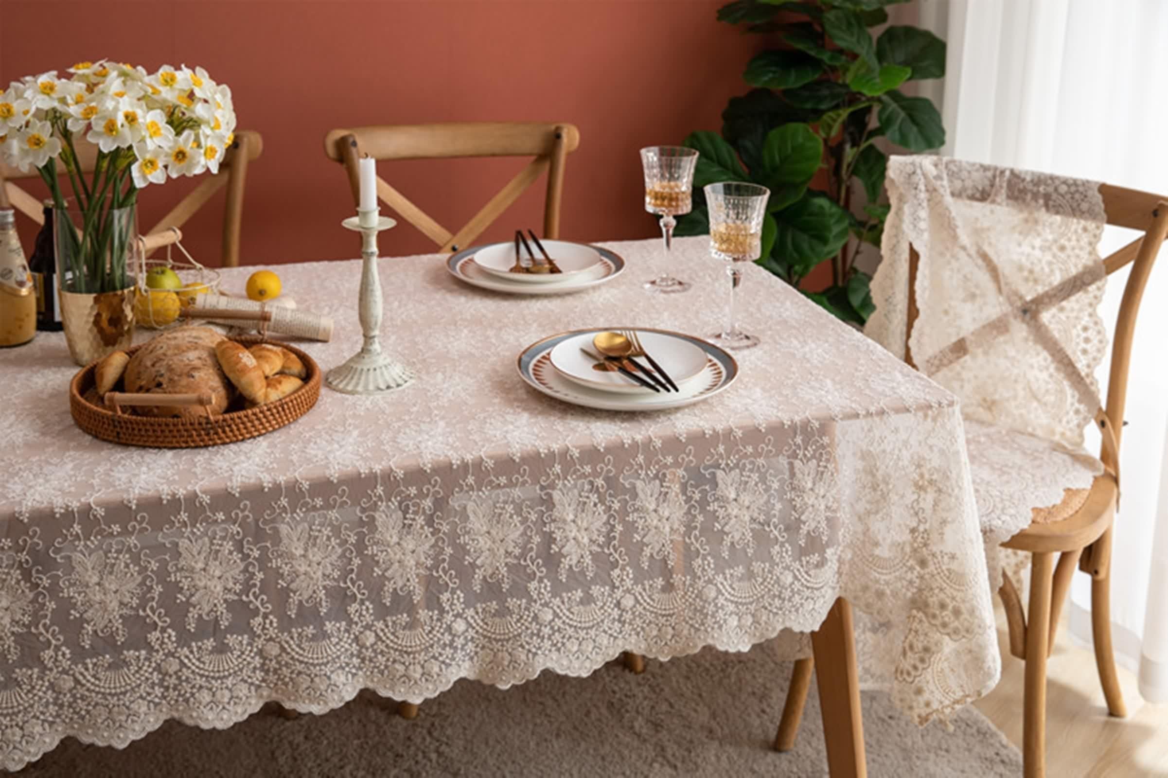 Tovaglia Tavolo Cucina, Tovaglia Cucina Rettangolare Beige Poliestere Fiore Di Pizzo Ricamato Copritavolo 130X180CM per Soggiorno