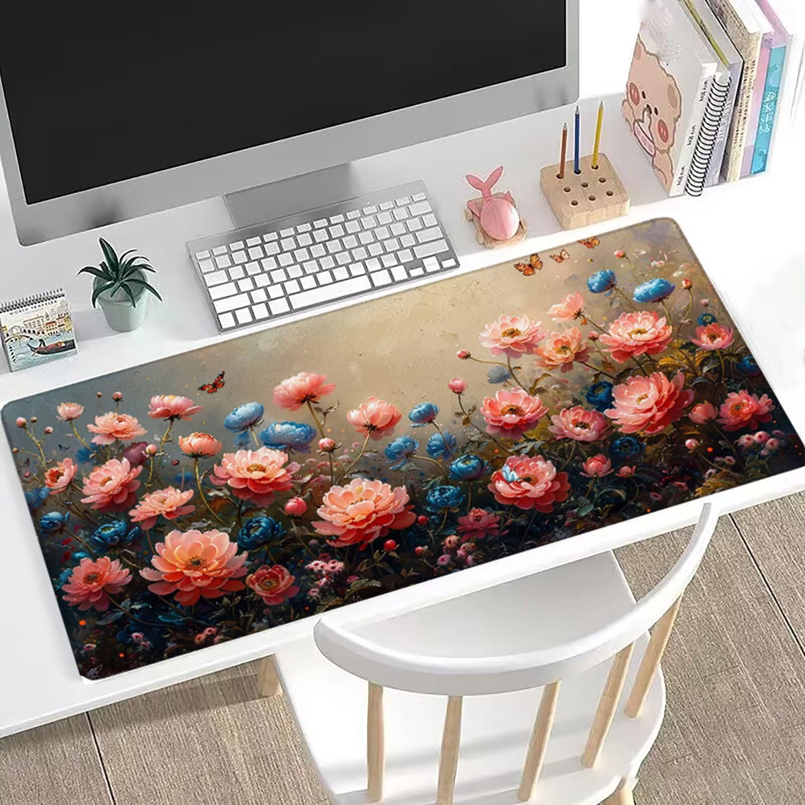 Podkładka pod mysz XXL piwonia 150 x 1040 cm niebieska podkładka pod biurko do gier, antypoślizgowa gumowa podstawa, wzmocnione szyte krawędzie, duża podkładka pod mysz do komputera stacjonarnego