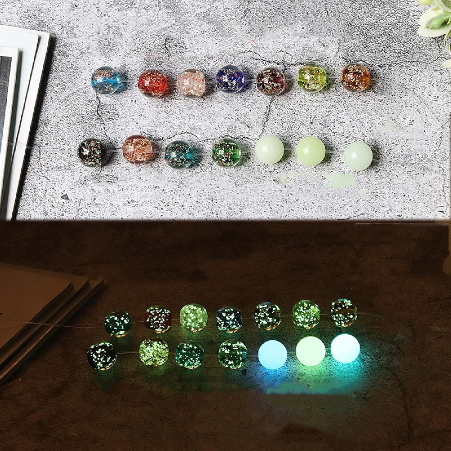 100 Pcs Assorted Lampwork Glass Beads, Luminous Glass Beads Glow in The Dark Jewelry Beads Round Loose Ball Beads for Jewelry Making Charm Bracelet Necklace Earrings,6MM,Lake Blue