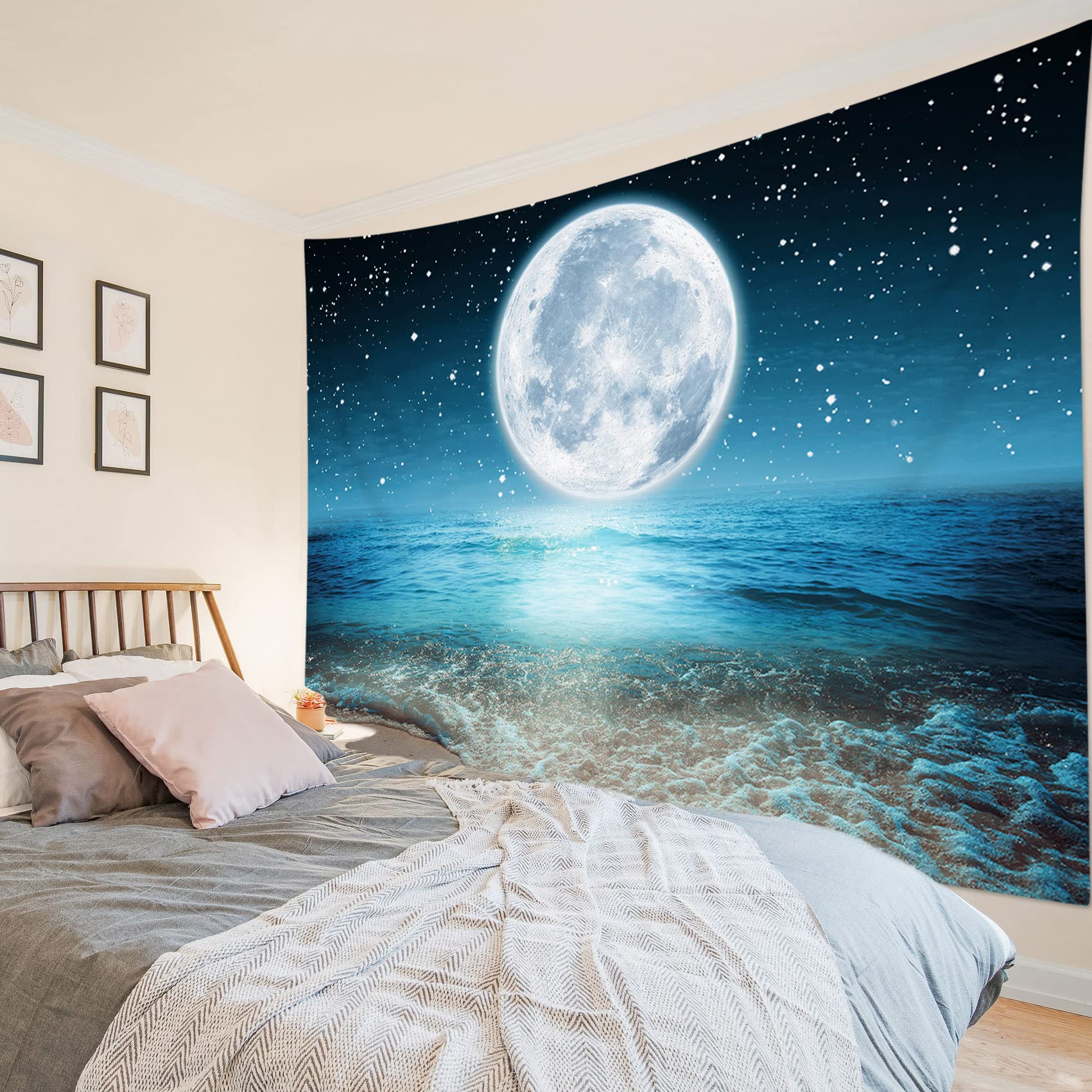 LB Blue Sea Tapestry Bright Moon in Black Night Sky Tapestry Wall Hanging Beach Scenery Tapestries for Living Room Bedroom Dorm Wall Decor,78x59 inch - Image 2