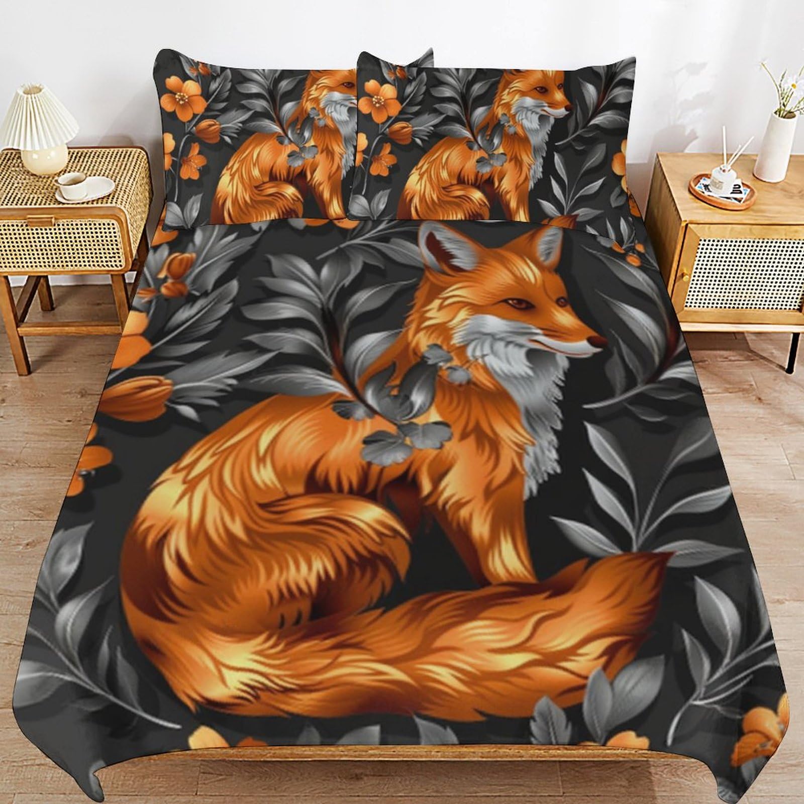 Housse de couette d'hiver motif renard en parure de lit 3 pièces microfibre légère