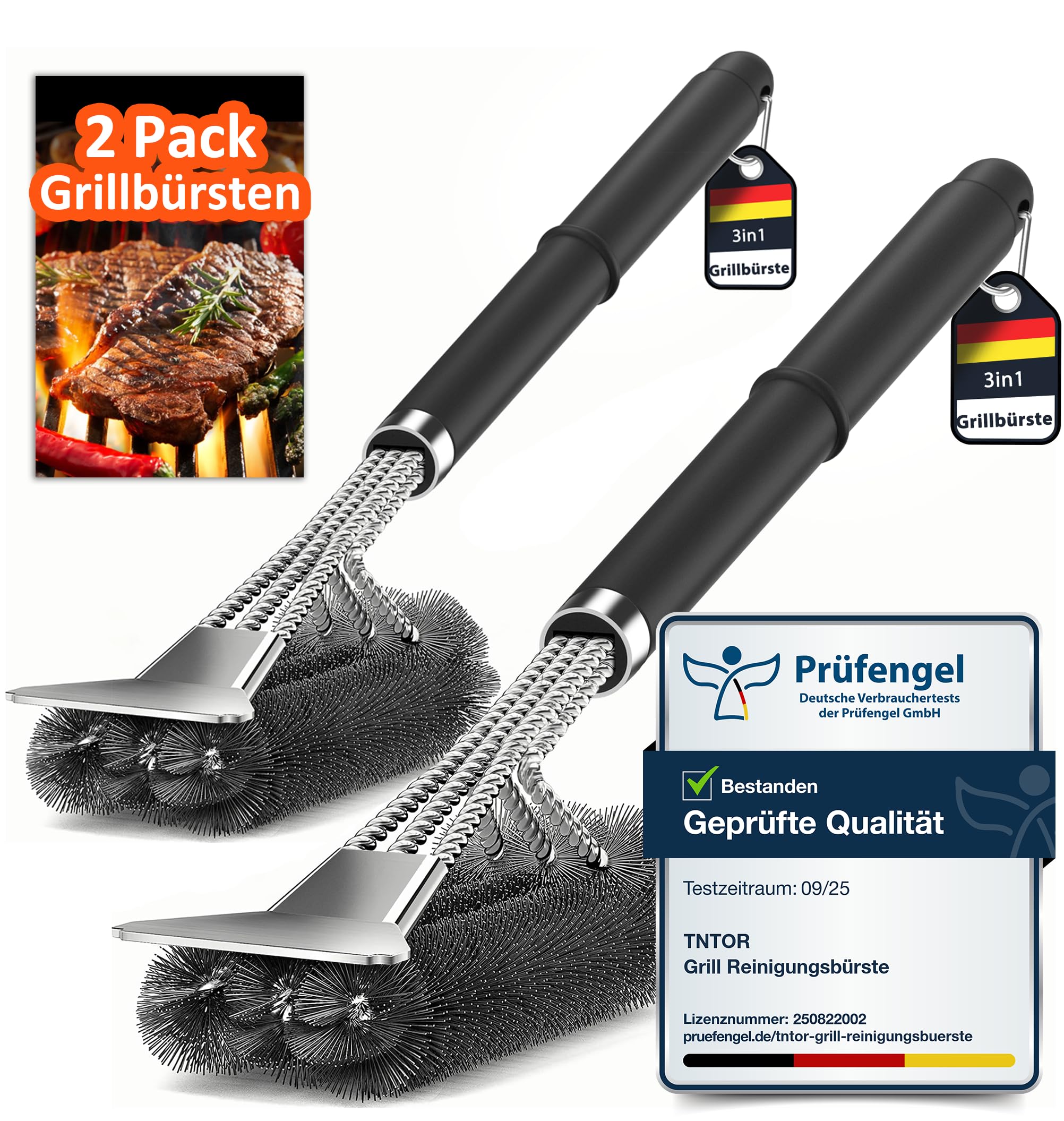 Spazzola Puliscigrill 3 In 1 Con Raschietto – Setole In Acciaio Inox, Manico Termico PP, Per Barbecue A Gas E Carbonella