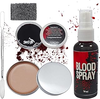 WENJLYJ Fake Blood Spray Makeup Kit with Stainless Steel Sponge,Coagulated Blood Gel Special Effects Halloween Zombie Wound Modeling Skin Scar Wax SFX Makeup Kit for Cosplay Halloween