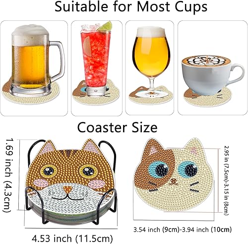 Miniatura 3 de TDOOW Portavasos de arte de diamantes para gatos, 8 piezas de posavasos de pintura de diamantes con soporte y almohadillas de corcho, suministros de