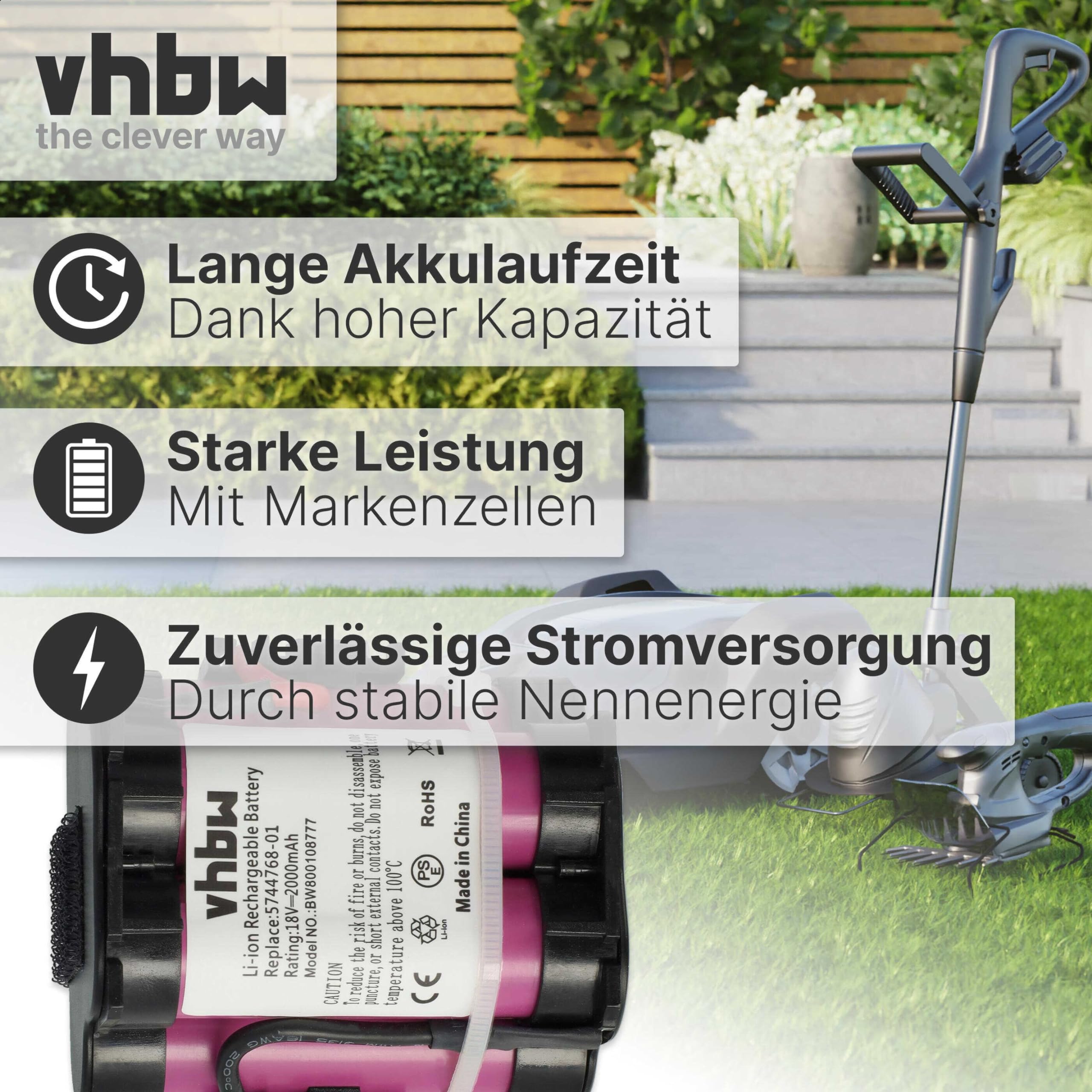 vhbw Batería Compatible con Husqvarna Automower 105, 308x, 305, 308 Robot cortacésped - Accesorios, recambios (2000 mAh, 18 V, Li-Ion)