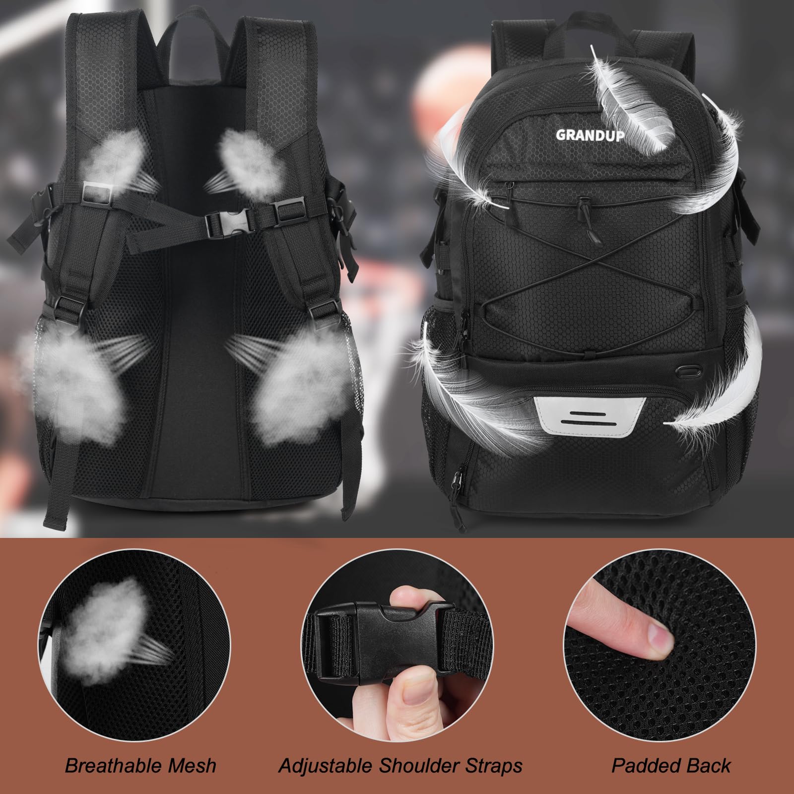 GRANDUP Mochila de baloncesto con compartimento para pelotas y zapatos. Se adapta a voleibol, fútbol, natación, gimnasio, viajes y escuela, bolsas de equipo de entrenamiento deportivo de gran