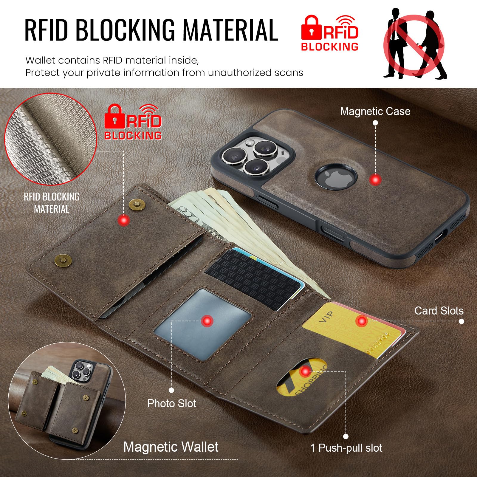 Asuwish Funda de teléfono para iPhone 16 Pro de 6.3 pulgadas, funda magnética desmontable con carga inalámbrica y bloqueo RFID, tarjetero de crédito, soporte abatible, resistente para iPhone 16, i16,