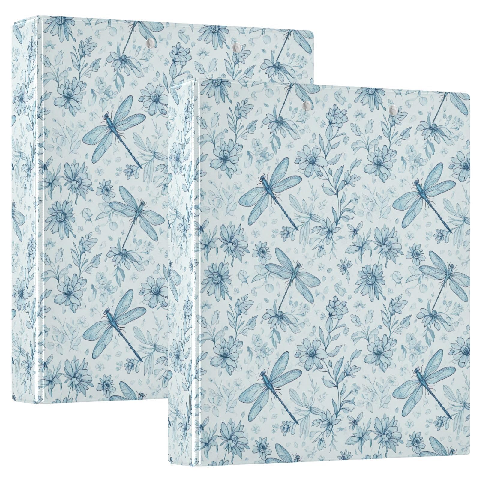 Raccoglitore a 3 anelli blu con motivo libellule e fiori, 3,8 cm, con portablocco a D e 3 raccoglitori per scuola, università, ufficio (confezione da 2)