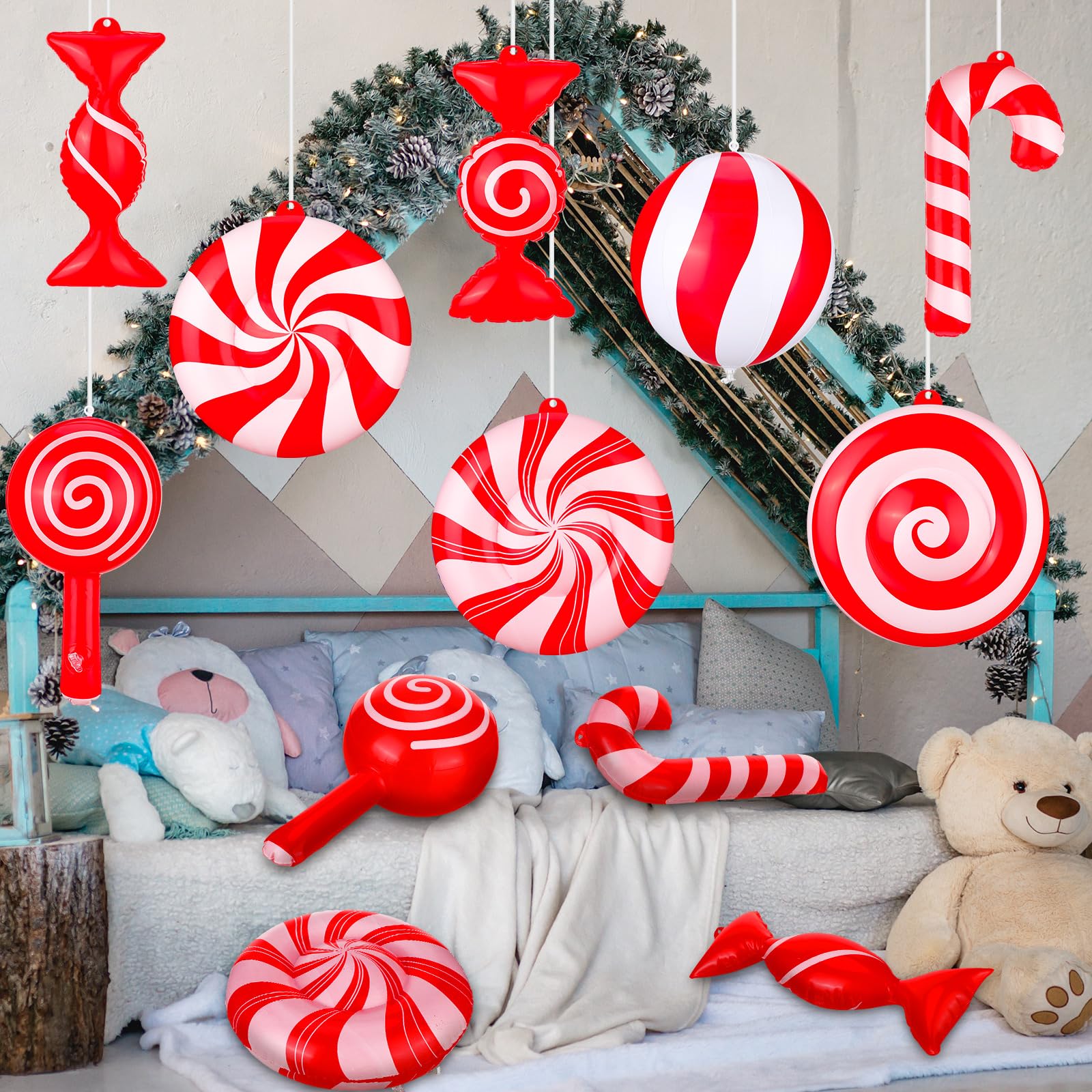 Jetec Lot de 16 décorations de Noël gonflables Rouges et Blanches de 22,9 cm à Suspendre en PVC pour Sapin de Noël, Cour, Porche