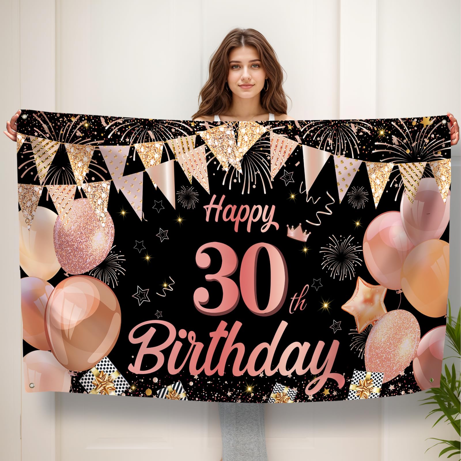 Koliphy 30th Birthday Banner, Happy 30th Birthday Banner Backdrop Decorations Handheld Extra Large Party Background Decor Sign Poster for Men & Women(Black Rose Gold)