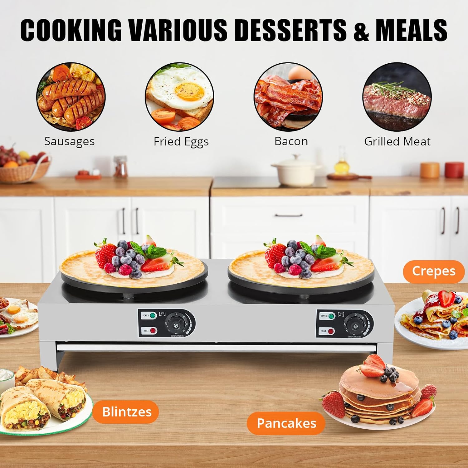 Commercial Electric Crepe Maker 16" Double Plate – 3400W Nonstick Griddle, Adjustable Temperature, Stainless Steel, Cast Iron Surface, Batter Spreader, 110V, Model SZ-2E – Up to 300°C,
