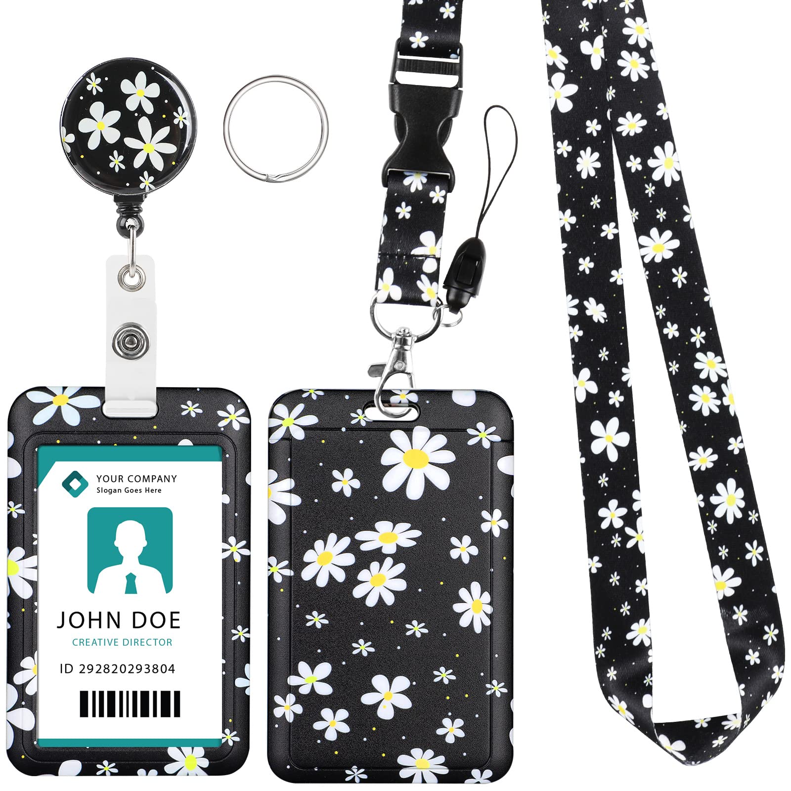 Photo 1 of Badge Holder with Lanyard, ID Card Holder with Belt Clip Retractable Reel Neck Lanyard for Students, Office Staff - Black Daisy