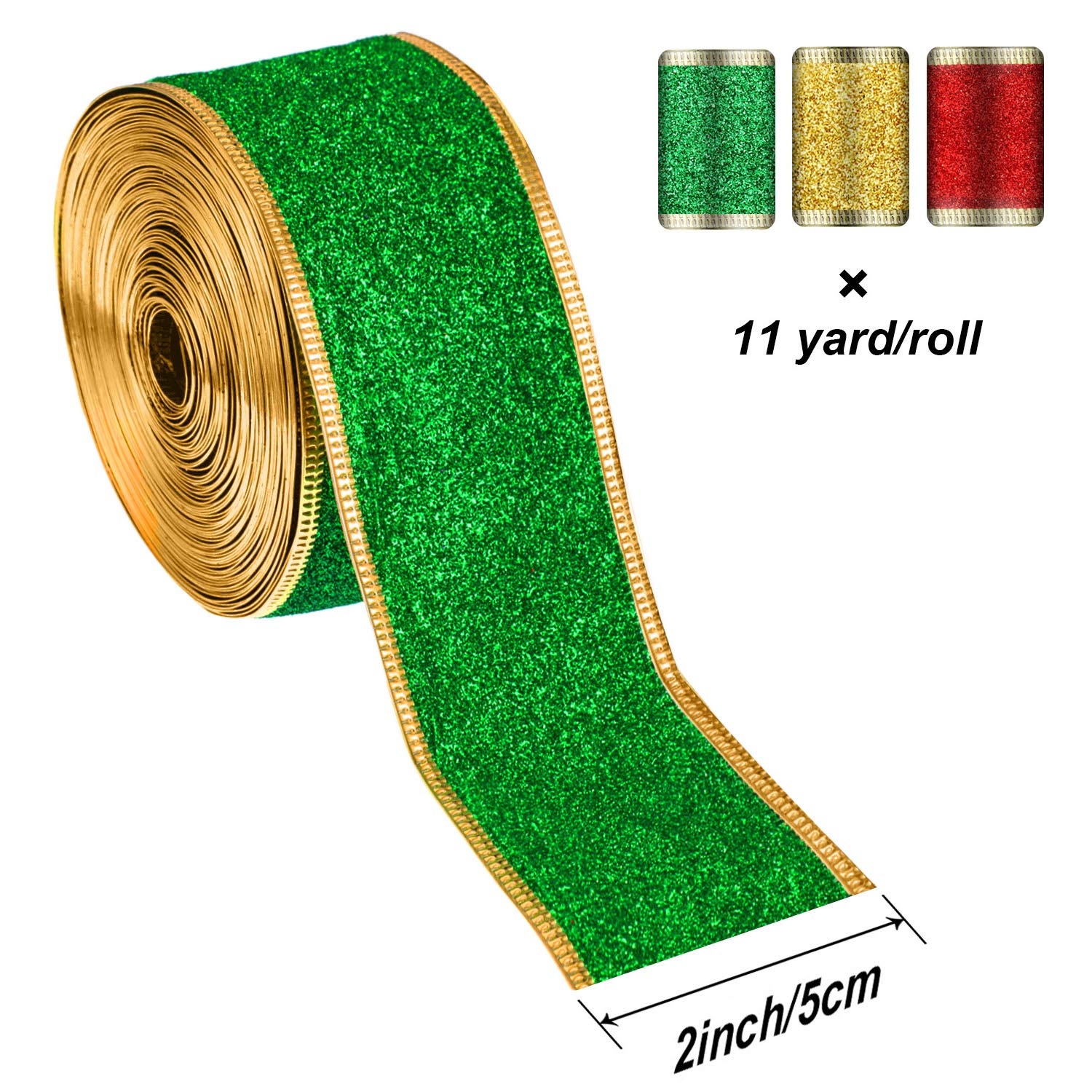Pangda 3 Rolls Christmas Ribbon Wired 2 Inch Metallic Glitter Fabric Wrapping Ribbons with Wired Edge for Christmas Tree Home Bows Garland DIY Crafts Decorations Gift Wedding(Red, Gold, Green)