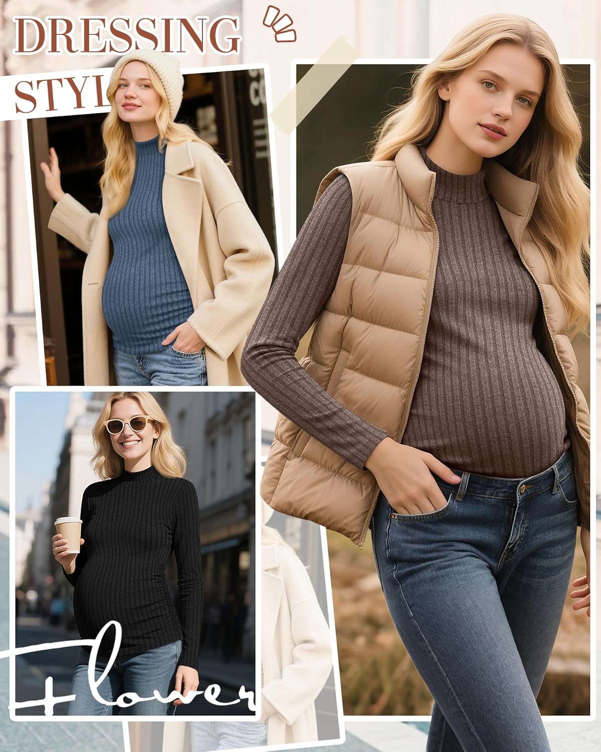 Neer 3 Pack Women's Maternity Tops, Pregnant Long Sleeve Sweaters Mock Turtleneck Pregnancy Shirts Ribbed Knit Mama Clothes - Image 2