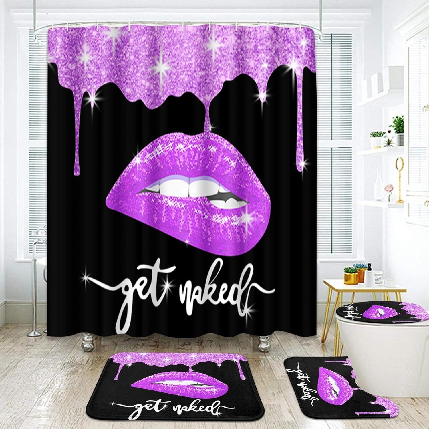 Arttown Retro Checkered Bathroom Set with Shower Curtain and Rugs and Accessories, Aesthetic Colorful Funky Checkerboard Shower Curtains, Modern Bathroom Decor 4 Pcs