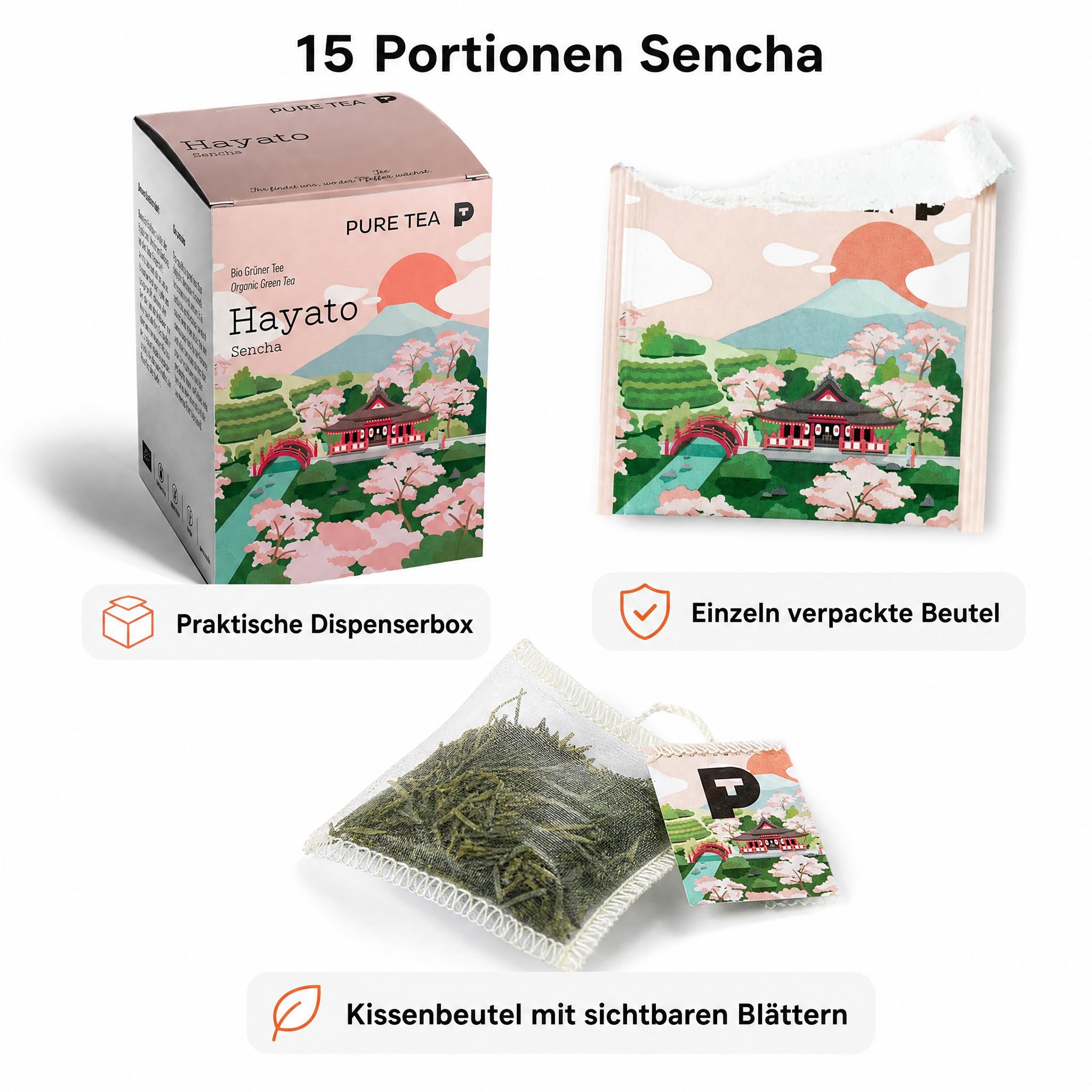 6 x Pure Tea Grüner Tee Sencha Hayato, japanischer Grüntee im Kissenbeutel, 15 Beutel à 3 g, Premiumqualität, Dispenserbox, frisch-duftiges Aroma