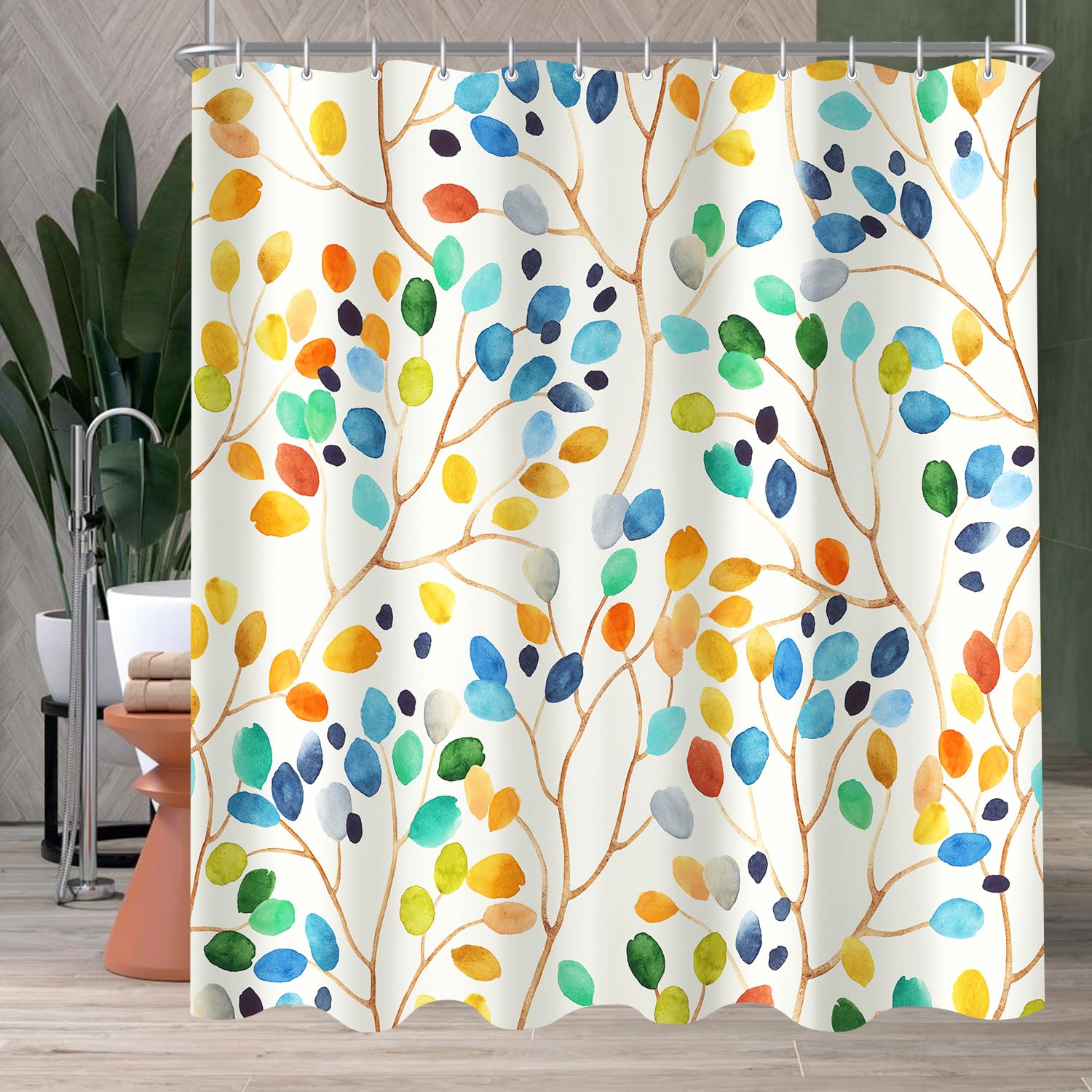 Lerores Shower Curtain, 200 x 200 cm, Colourful Tree, Weighted Hem, Anti-Mould Textile, Water-Repellent
