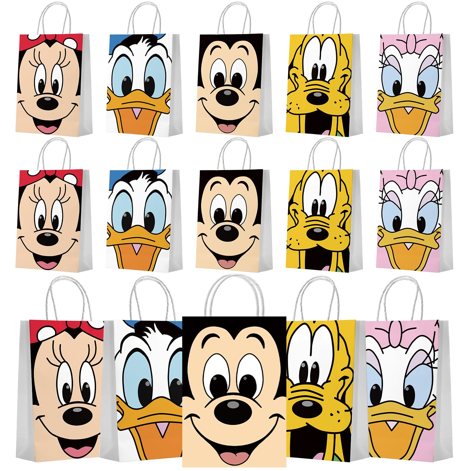 DaeSich 15 Count Mickey Birthday Gift Bags, Metallic Gold/Silver Cartoon Pattern, 8"x5.7"x3.1" Goodie Bags for Mickey Mouse Birthday Party Favors