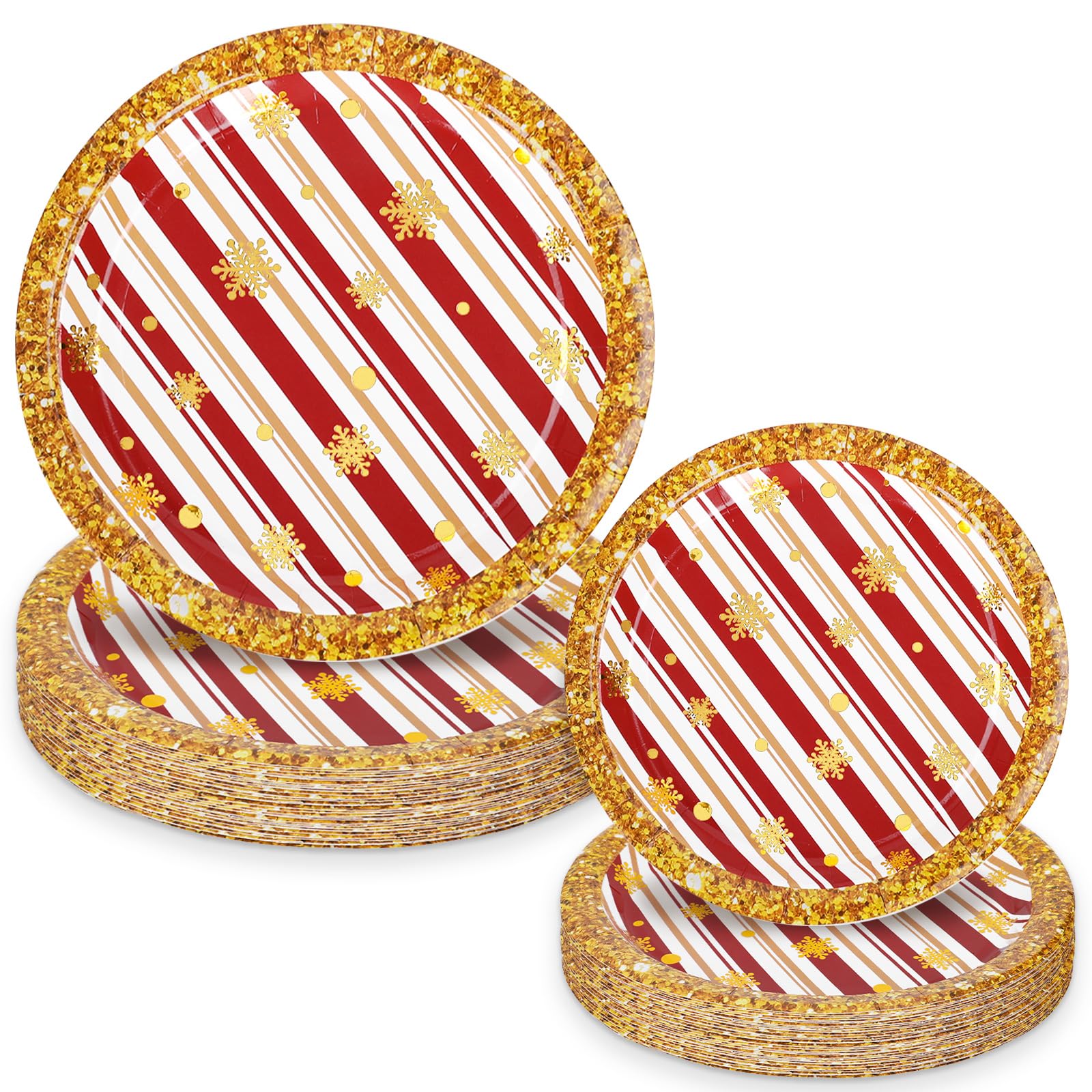 Assiettes de Noël carton rouge à rayures et flocons dorés élégants pour invités