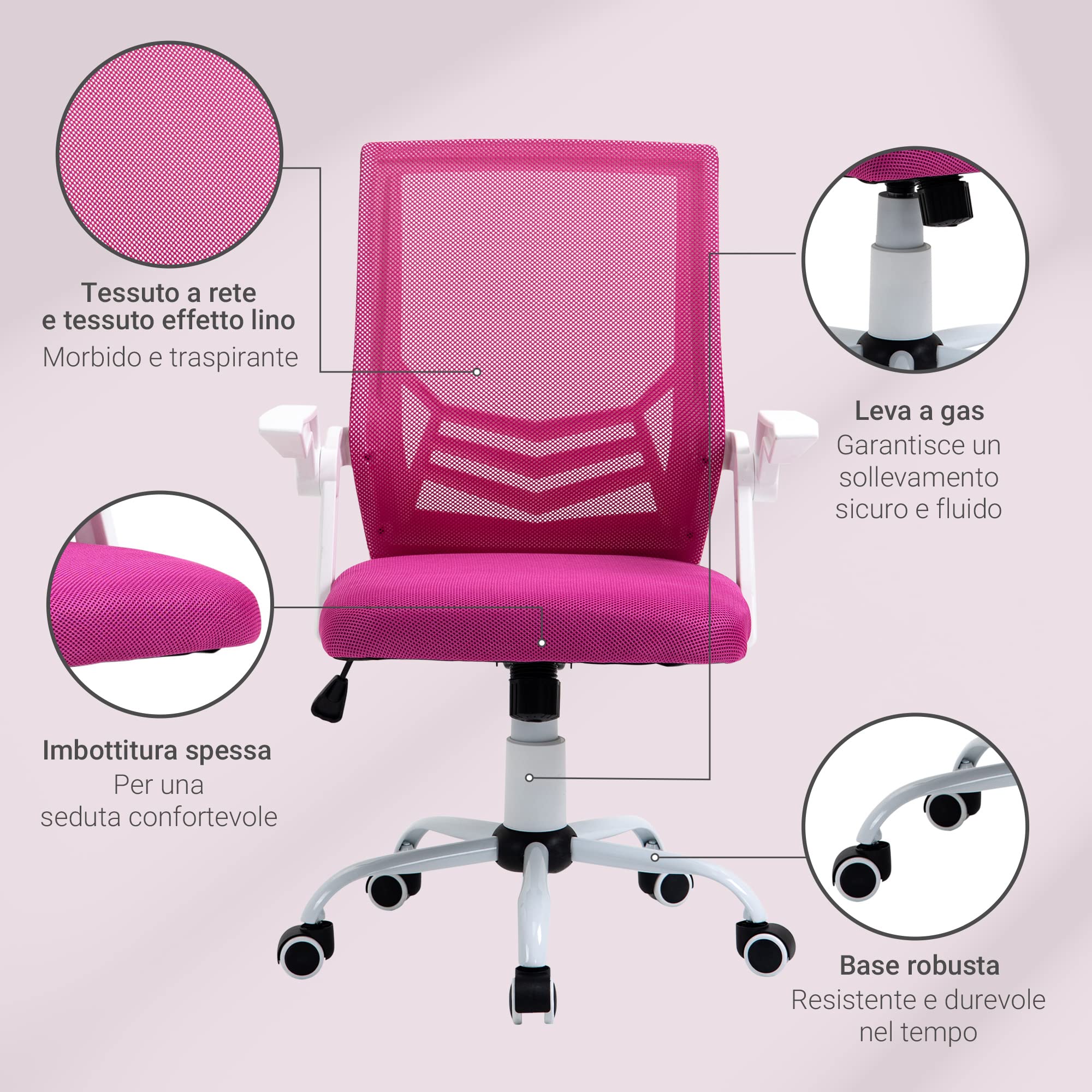 Vinsetto Sedia da Ufficio Ergonomica con Supporto Lombare 120kg Rosa | Braccioli Pieghevoli, Sedia da Scrivania Girevole, Rete Traspirante, Schienale Reclinabile, Altezza Regolabile