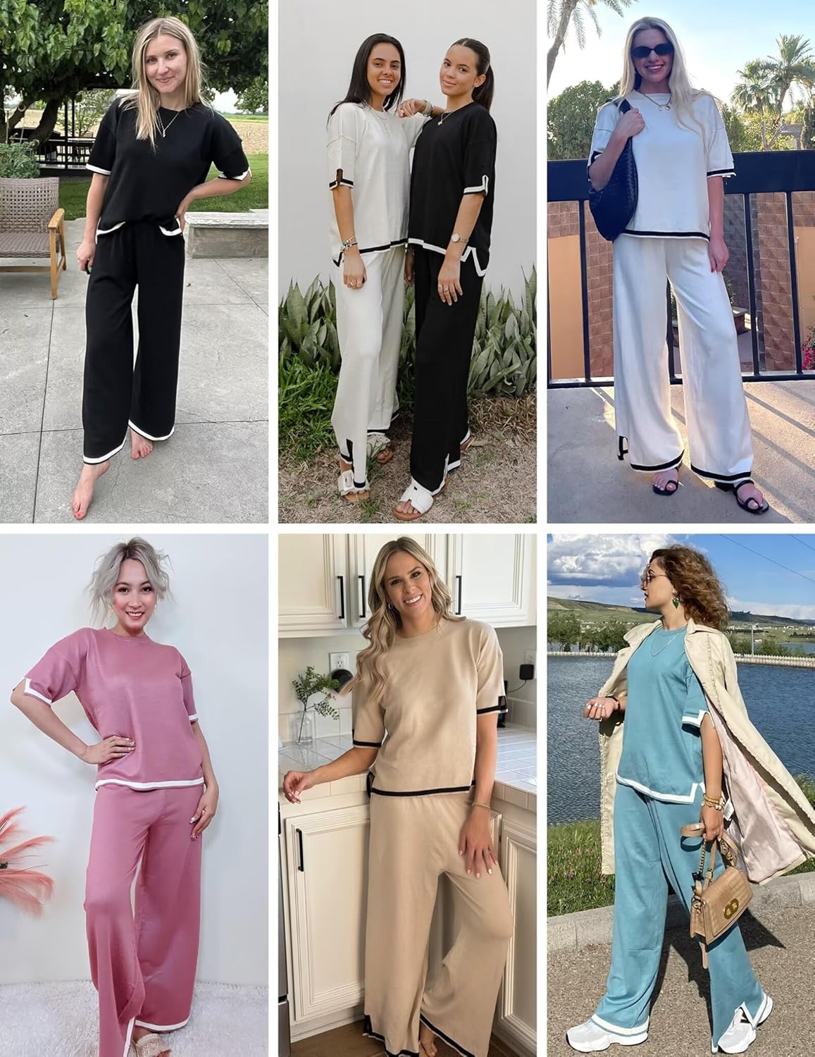 Ekouaer Lounge Set for Women Travel Outfits 2 Piece Sets Short Sleeve Sweater Top Wide Leg Long Pants Loungewear - Image 6