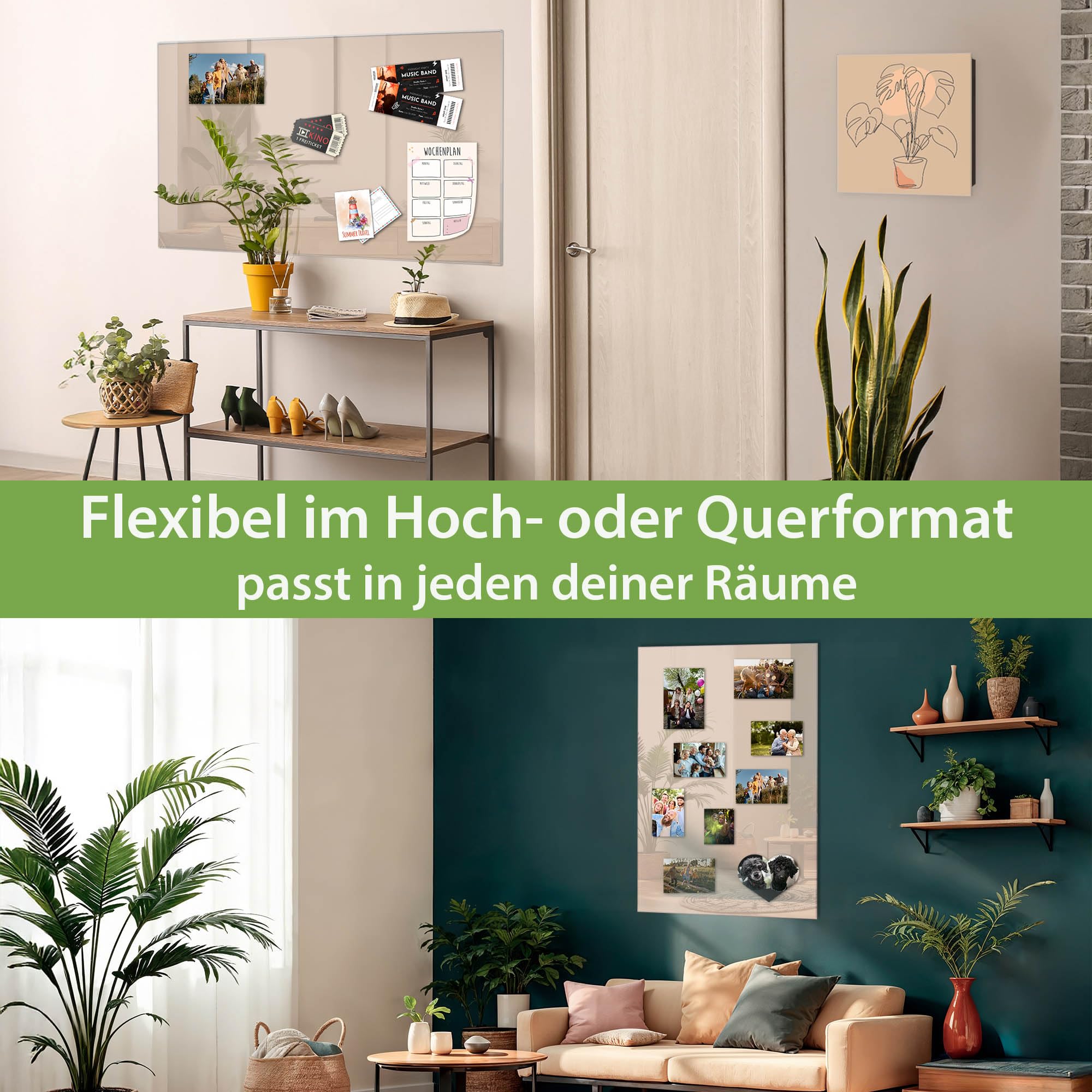 banjado Glas-Pinnwand in 120x80cm für Notizen und klare Farbgestaltung | Magnetisches Memoboard für Notizen, in der Farbe Taupe für ein ruhiges Raumkonzept