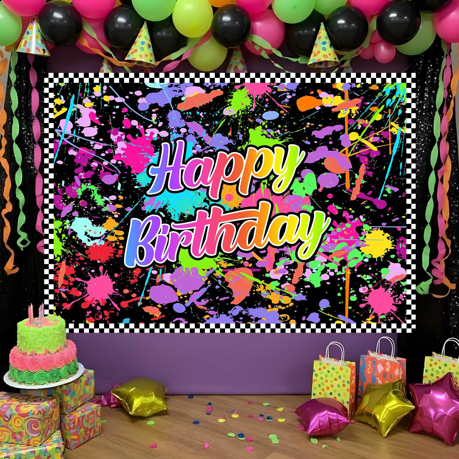 Lofaris Happy Birthday Backdrop for Glow in The Dark Party - Neon Splatter Graffiti Photography Background, Kids Teens 80s 90s Disco Sleepover Decorations Supplies (5x3ft)