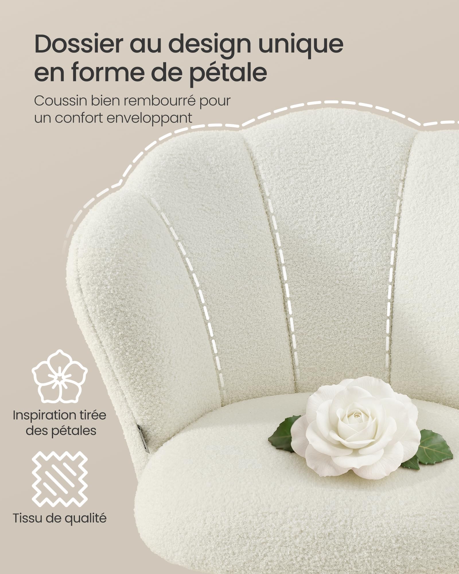 SONGMICS Chaise de Bureau Pivotante 360°, Chaise Coiffeuse Rembourrée, Tissu Peluche, Supporte 110 kg, Dossier en Forme de Pétales, Hauteur Réglable, pour Salon, Chambre, Blanc Crème OBG030WD01