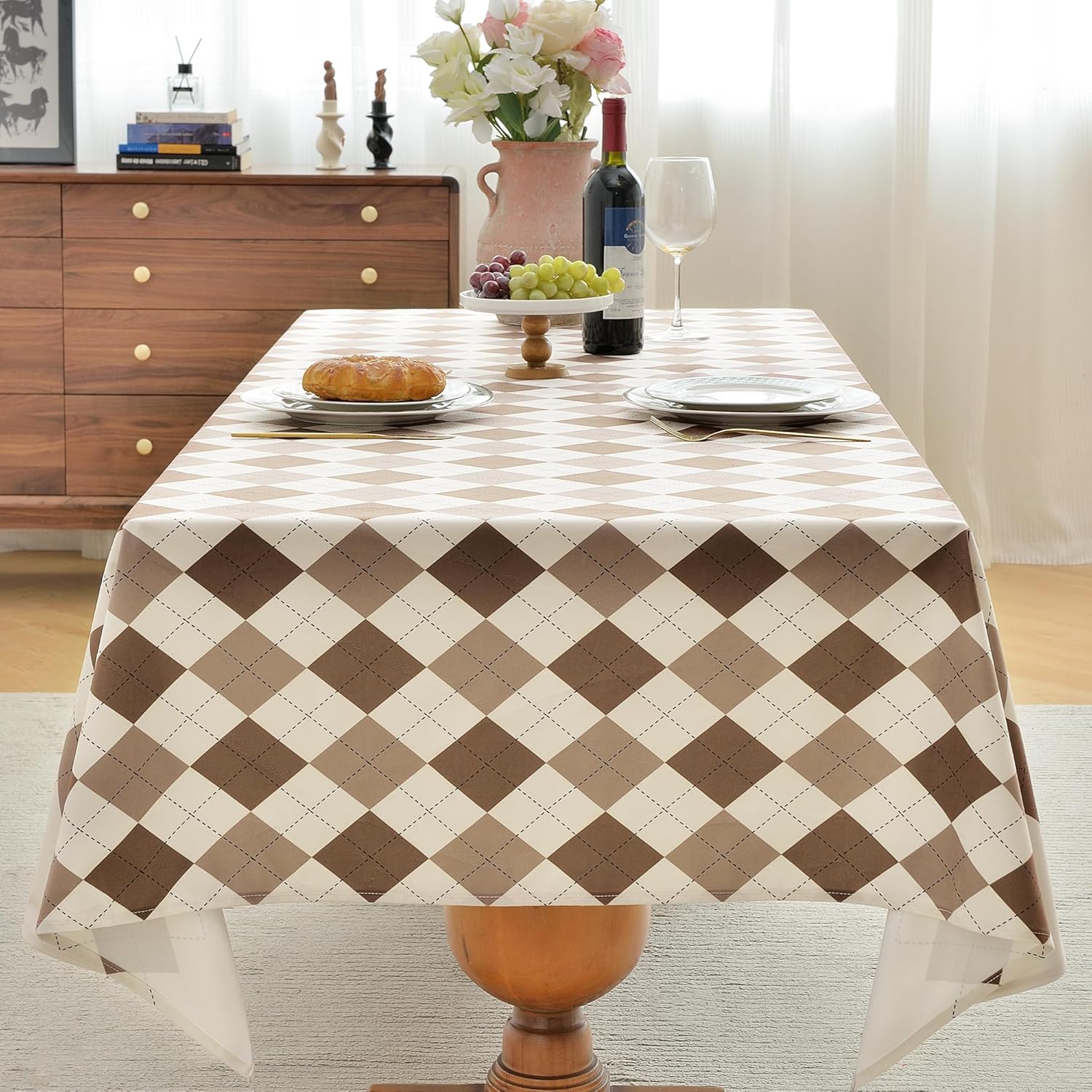 Oubonun Microsuede Rectangular Table Cloth, Durable and Wrinkle Resistant, Washable Tablecloth, Decorative Farmhouse Table Cover for Dining Party Wedding, 55''x86'', 6-8 Seats, Coffee Checkered Coffee Checkered 55''x86'', 6-8 Seats